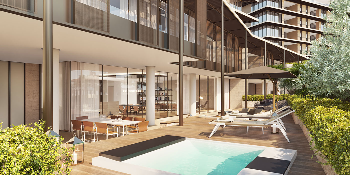 Private terrace and marina outlook at Bulgari Marina Lofts