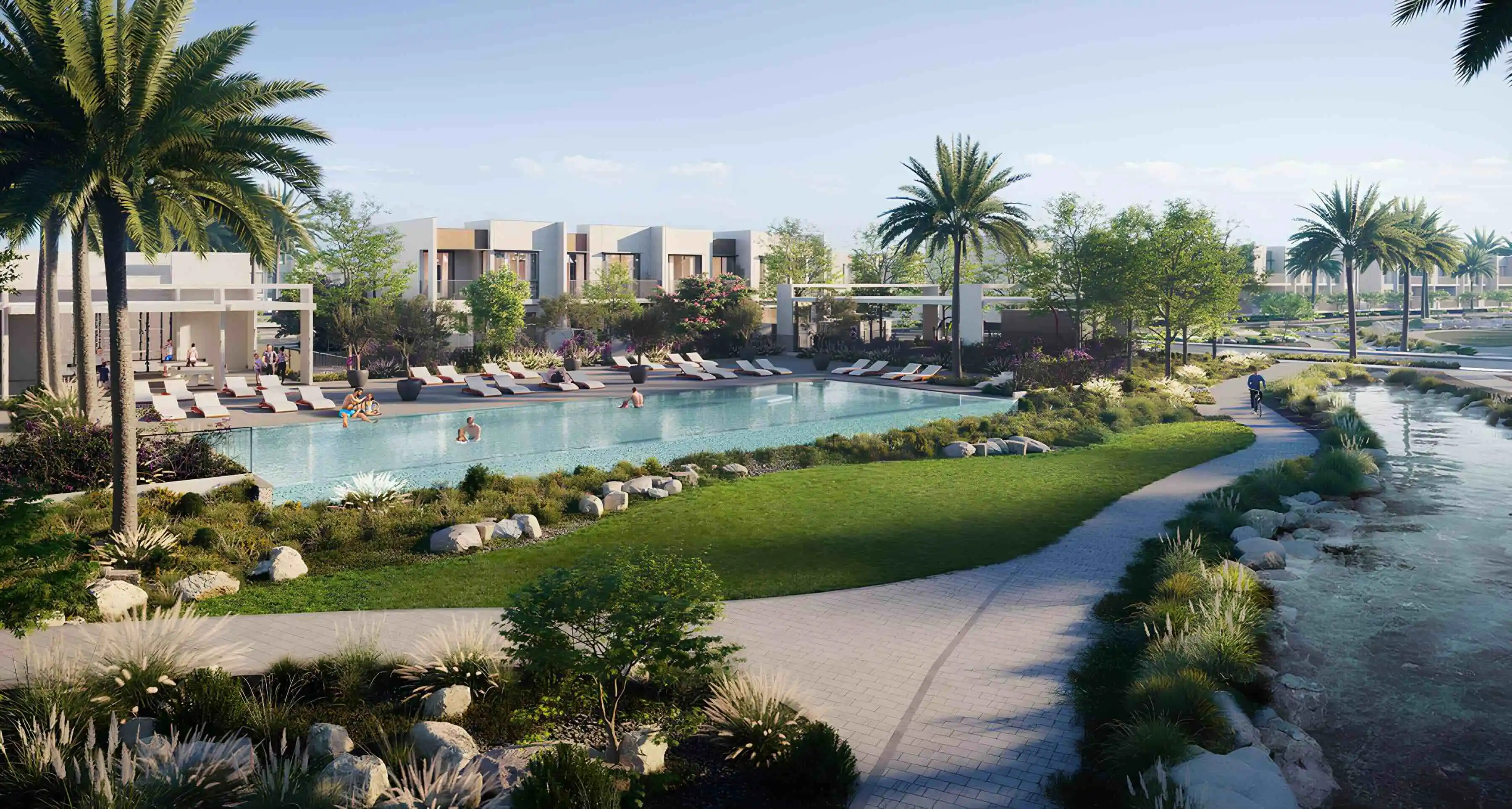 Nima at The Valley swimming pool and landscaped waterways