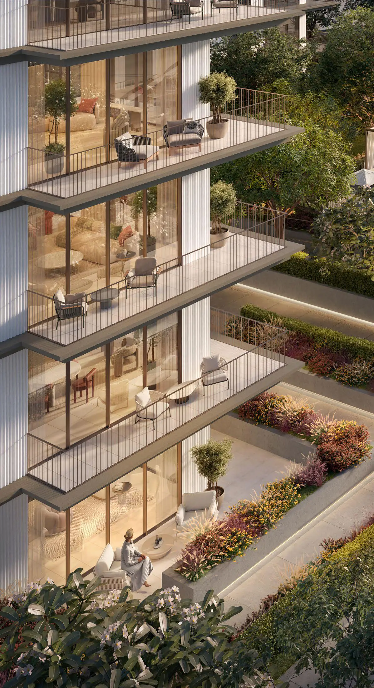 Ocean Cove apartment balconies above landscaped gardens
