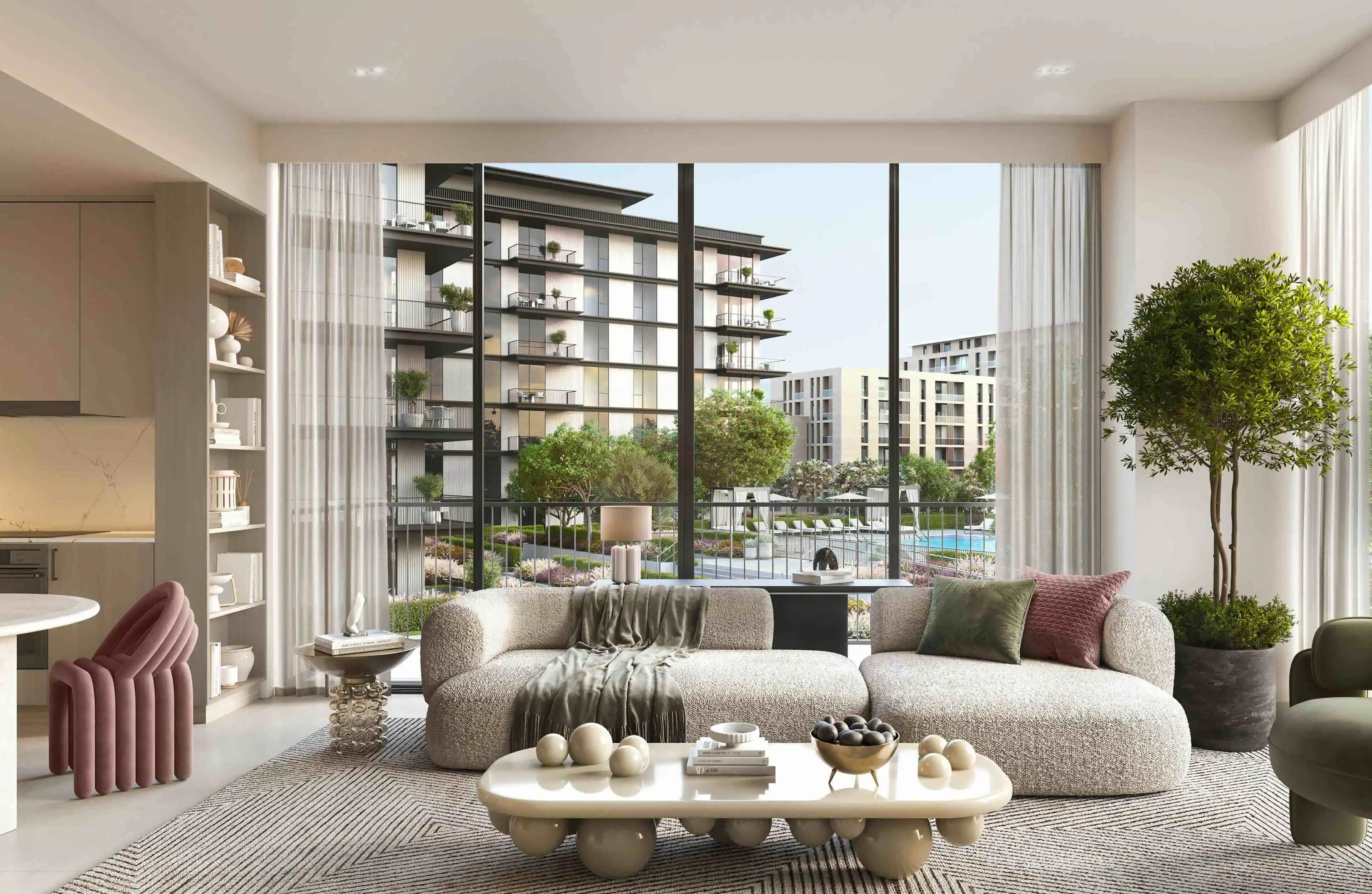 Ocean Cove apartment living room overlooking landscaped gardens