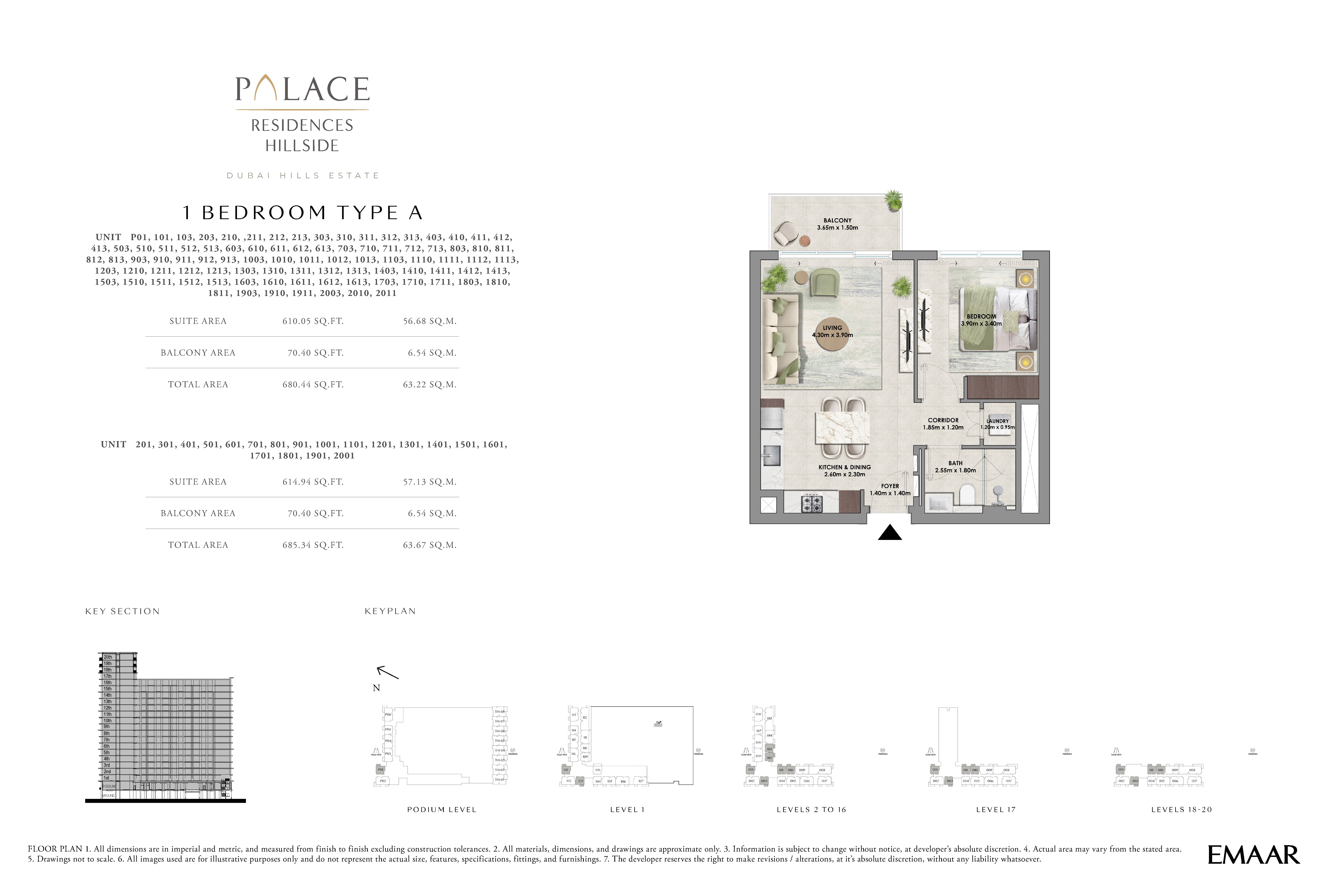 Palace Residences Hillside 1-bedroom, 675.76 to 770.12 sq ft floor plan