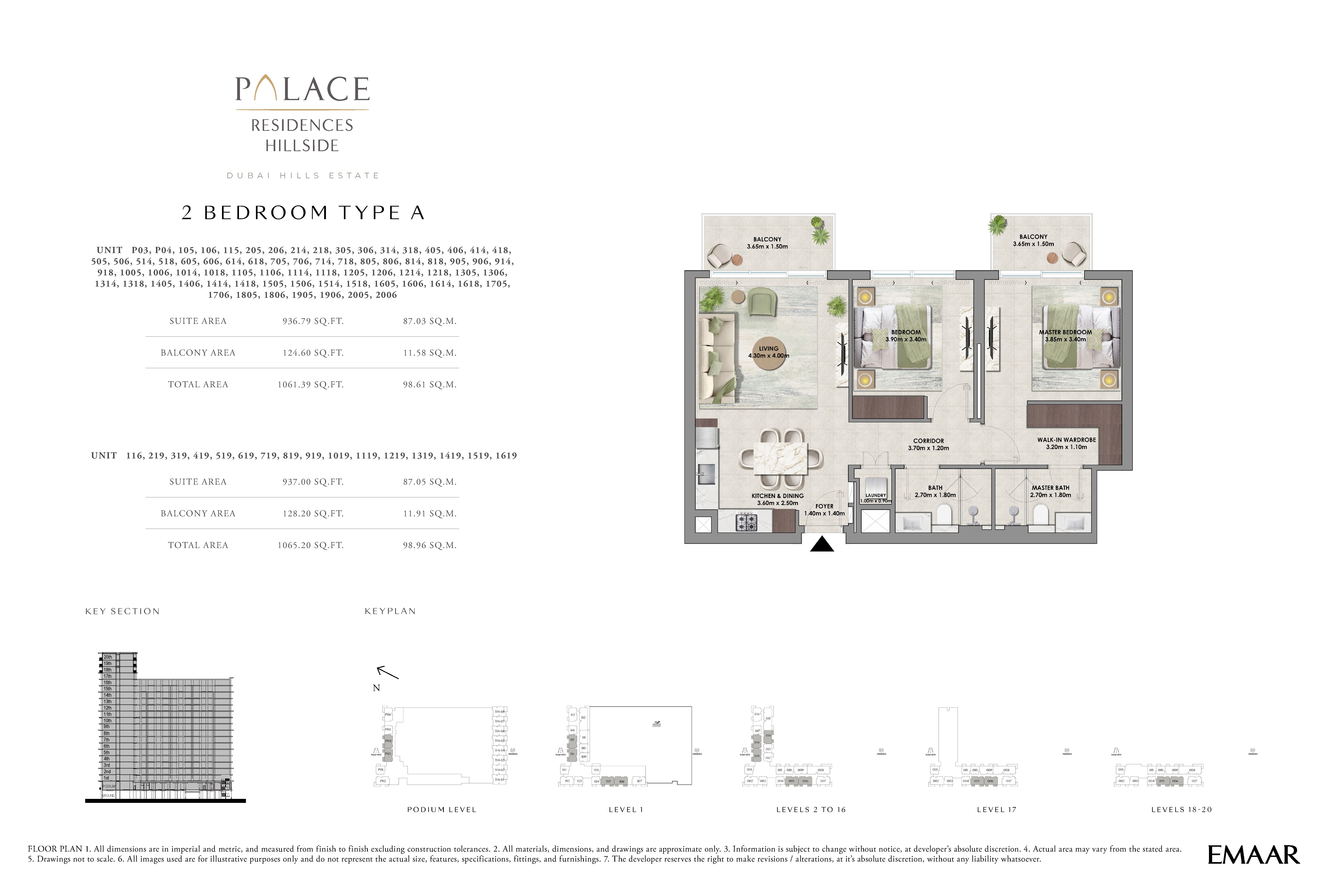 Palace Residences Hillside 2-bedroom, 1,061.39 to 1,190.70 sq ft floor plan
