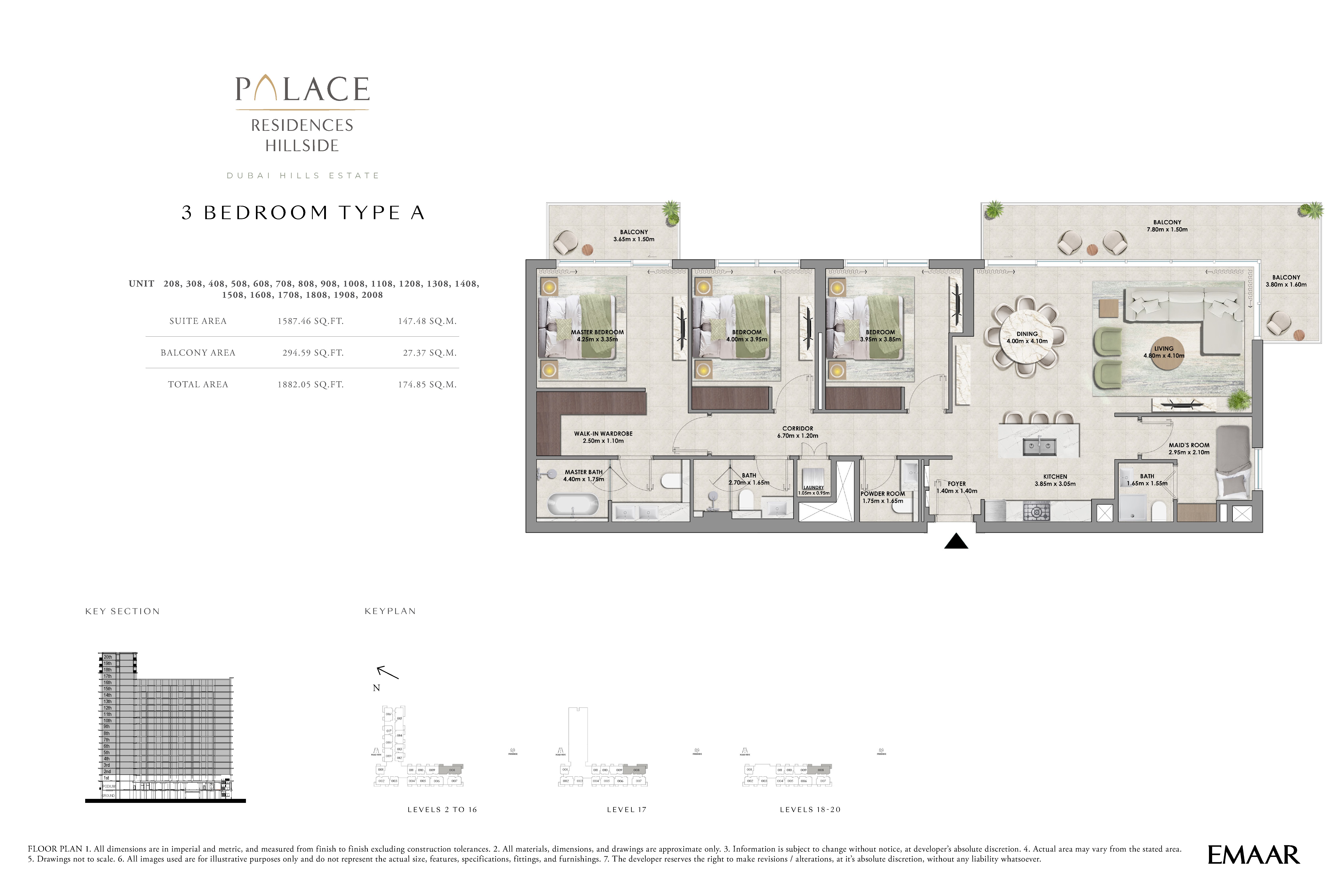 Palace Residences Hillside 3-bedroom apartment, 1,882.05 to 2,110.15 sq ft floor plan