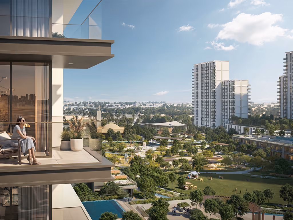 Palace Residences Hillside view across Dubai Hills Estate and Hillside Park