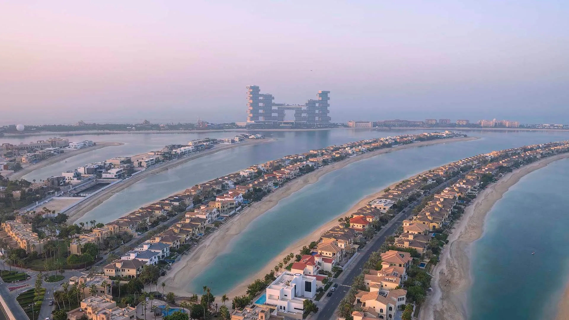 Palm Jumeirah fronds and villas from the air, by Nakheel
