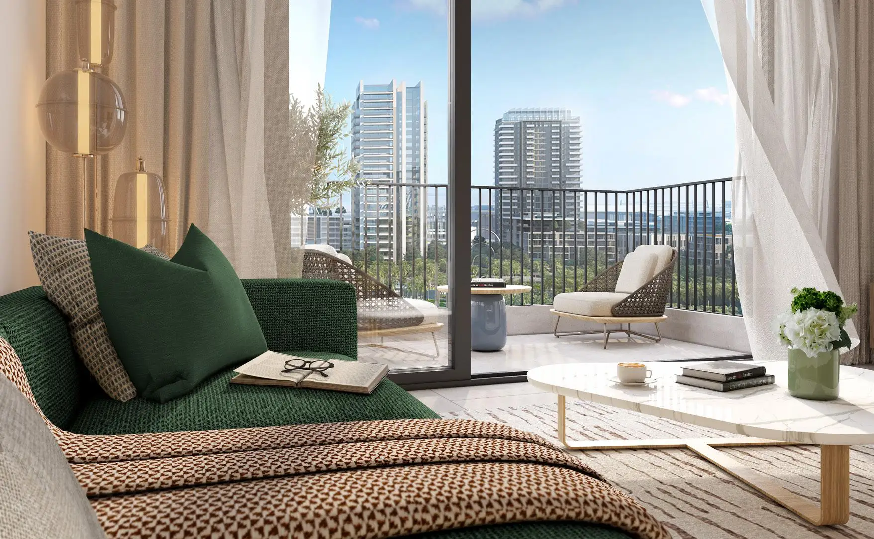 Park Horizon apartment living room with full-height windows