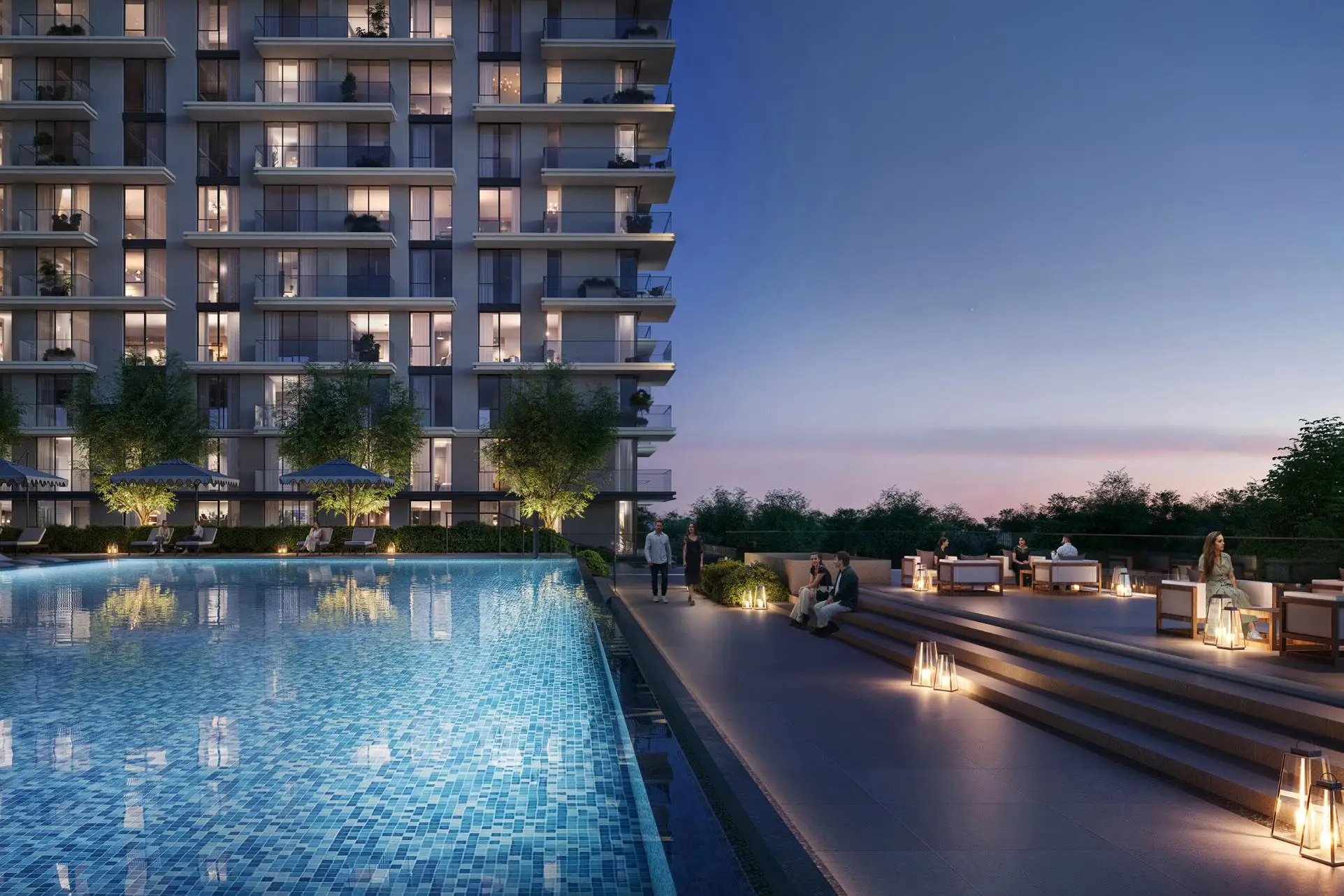 Parkwood swimming pool and social terrace at evening