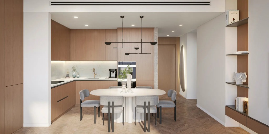 Modern kitchen and dining area at The Residences at Sheraton Al Marjan Island Resort