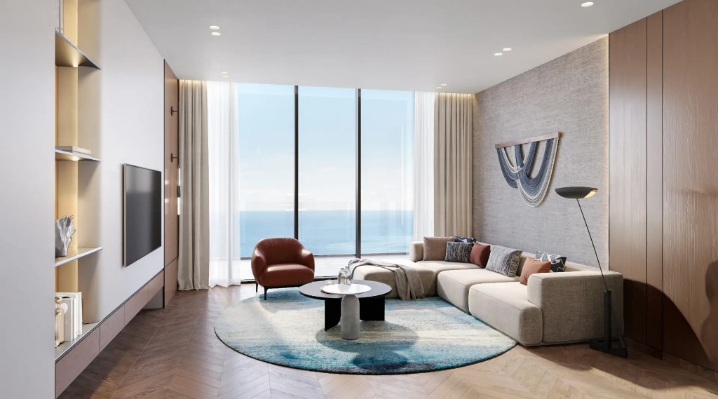 Fully furnished living room with Arabian Gulf views at Sheraton Residences Al Marjan Island