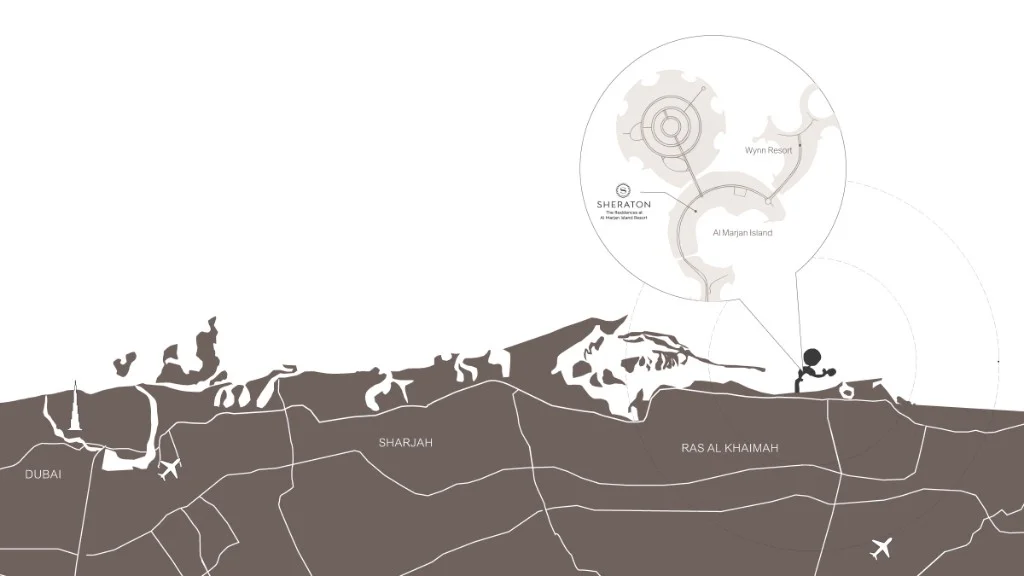Sheraton Residences Al Marjan Island location map — Dubai, Sharjah, Ras Al Khaimah and Al Marjan Island