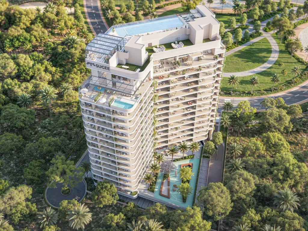 Aerial view of Vienna House Residences tower and rooftop pool on Al Marjan Island