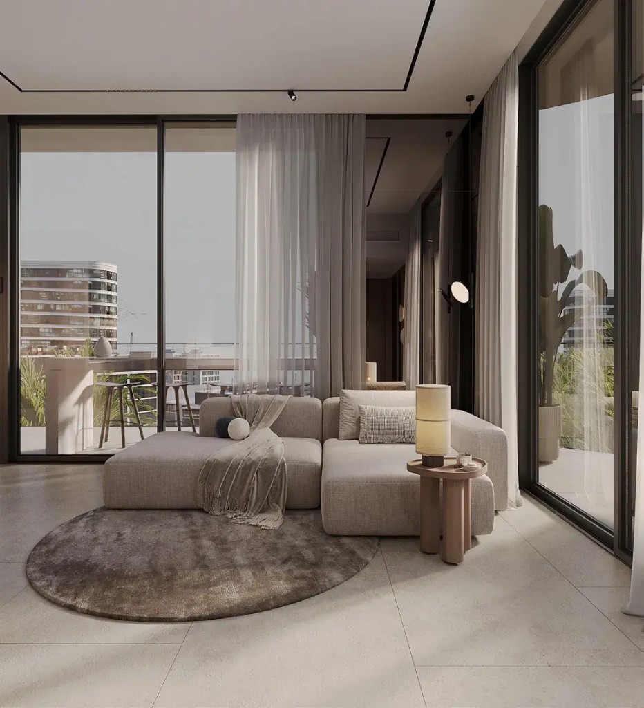 Living room interior at Wyndham Residences Al Marjan Island Luxe Studio