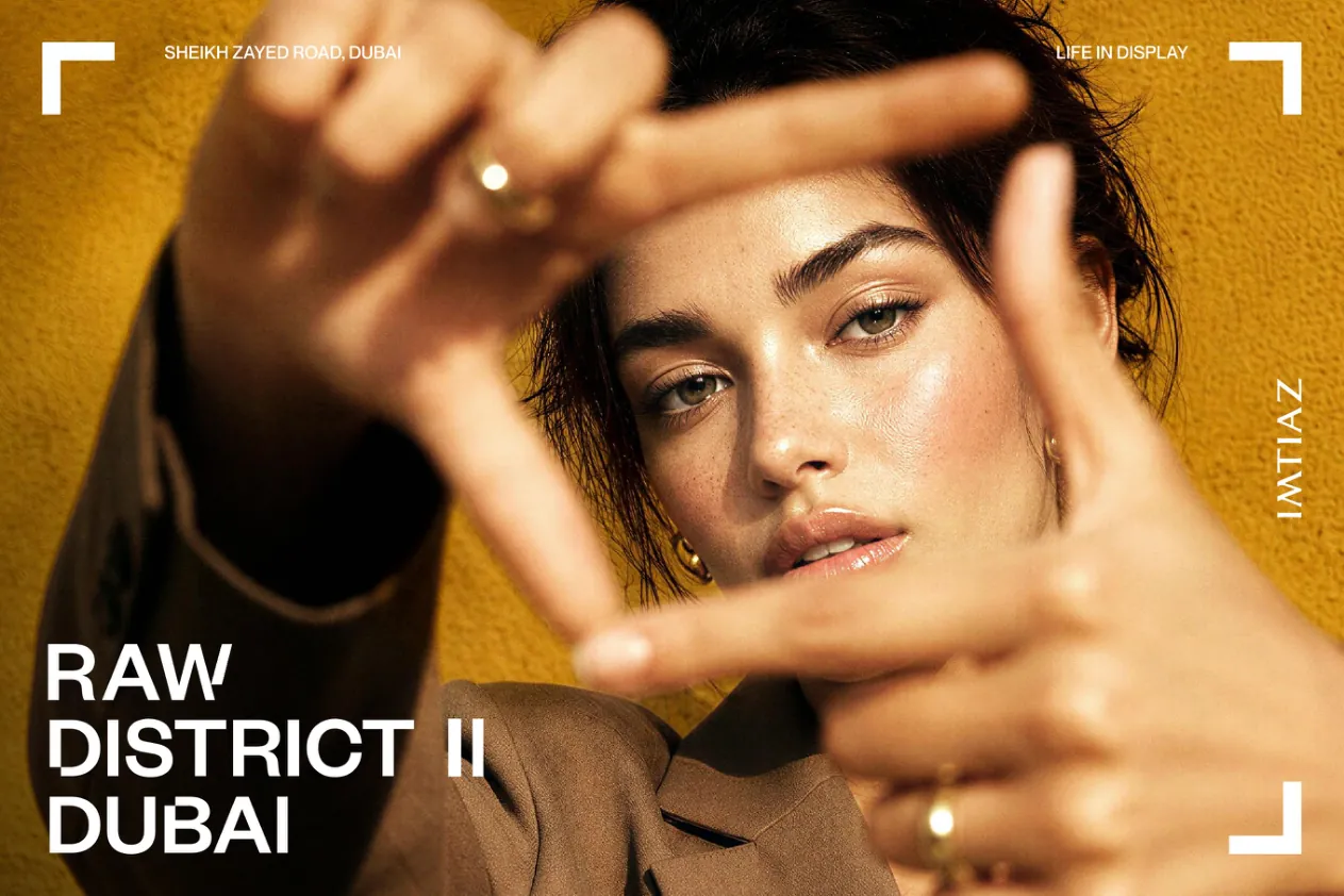 Raw District II Dubai brochure cover with framing-bracket motif, Sheikh Zayed Road
