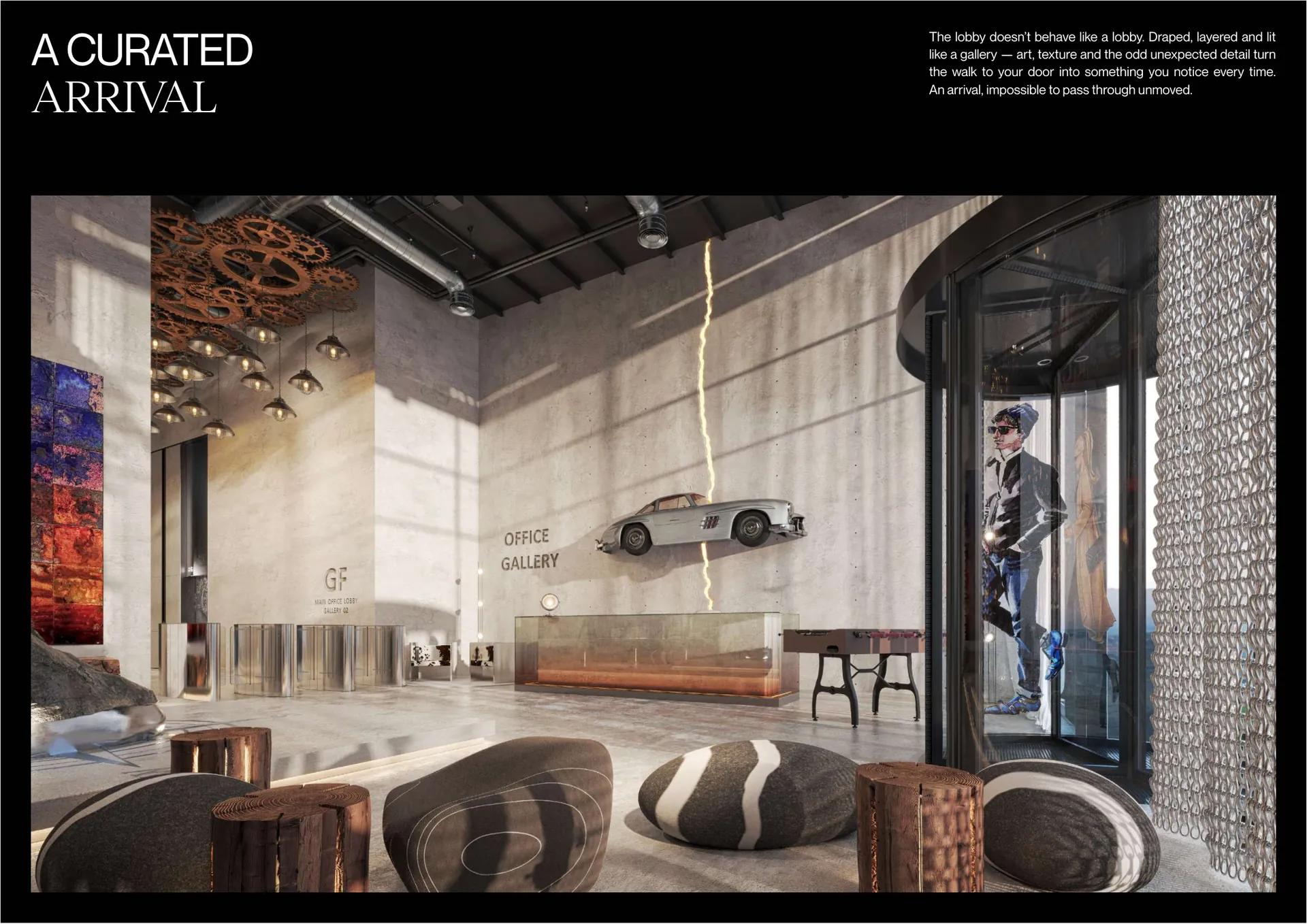 Curated arrival lobby at Raw District II by Imtiaz, Downtown Jebel Ali