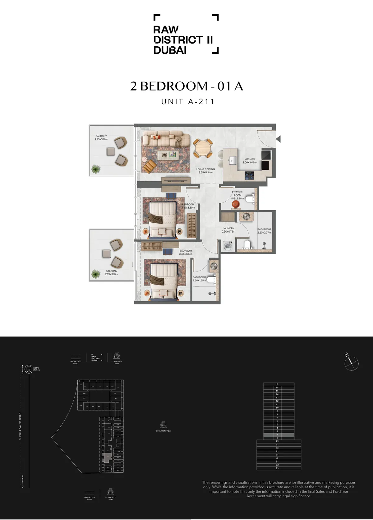 Official Raw District II 2-bedroom floor plan, Downtown Jebel Ali, Dubai