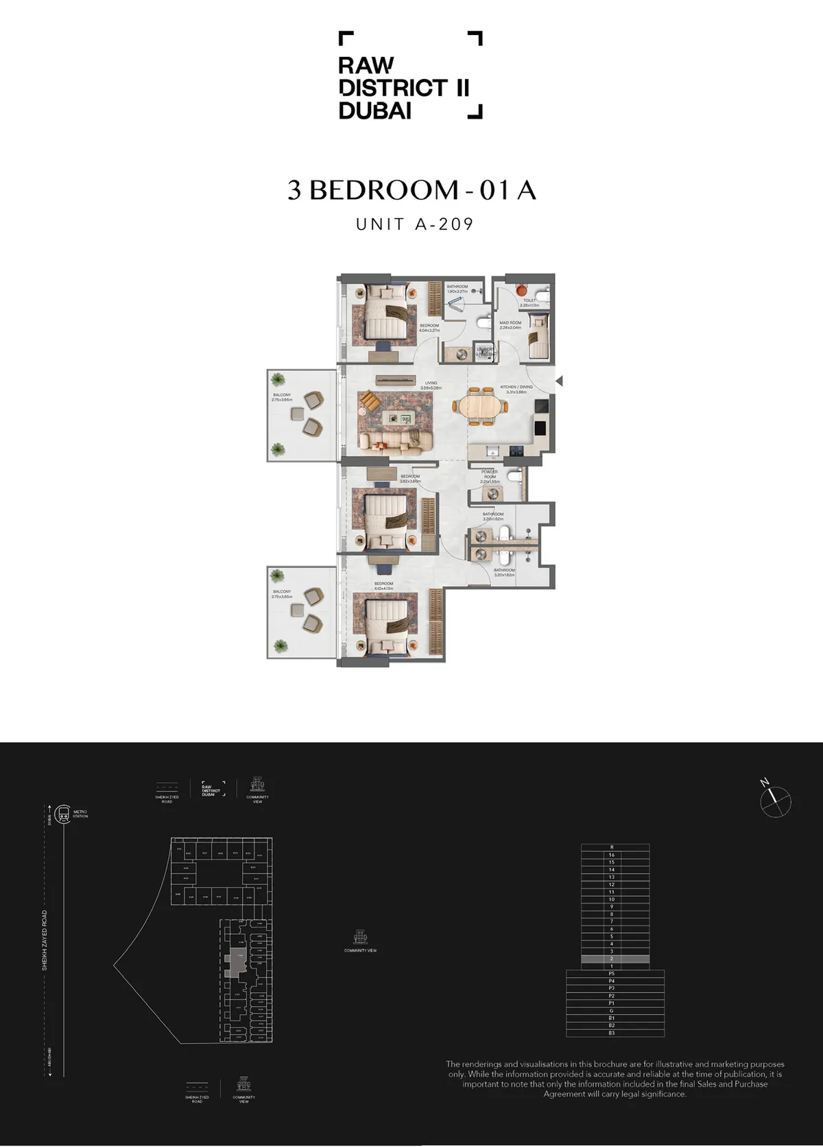 Official Raw District II 3-bedroom floor plan, Downtown Jebel Ali, Dubai