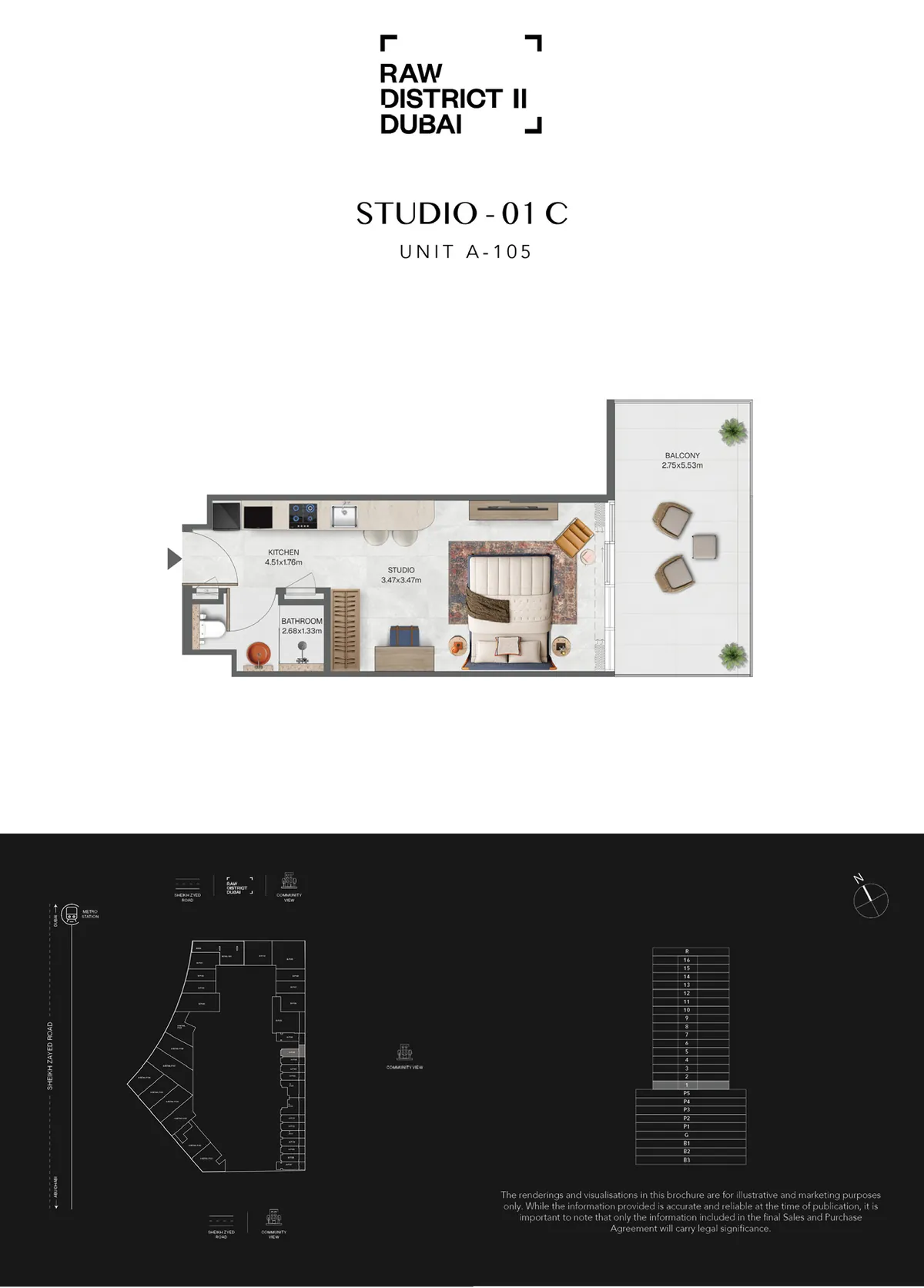 Official Raw District II studio floor plan, Downtown Jebel Ali, Dubai
