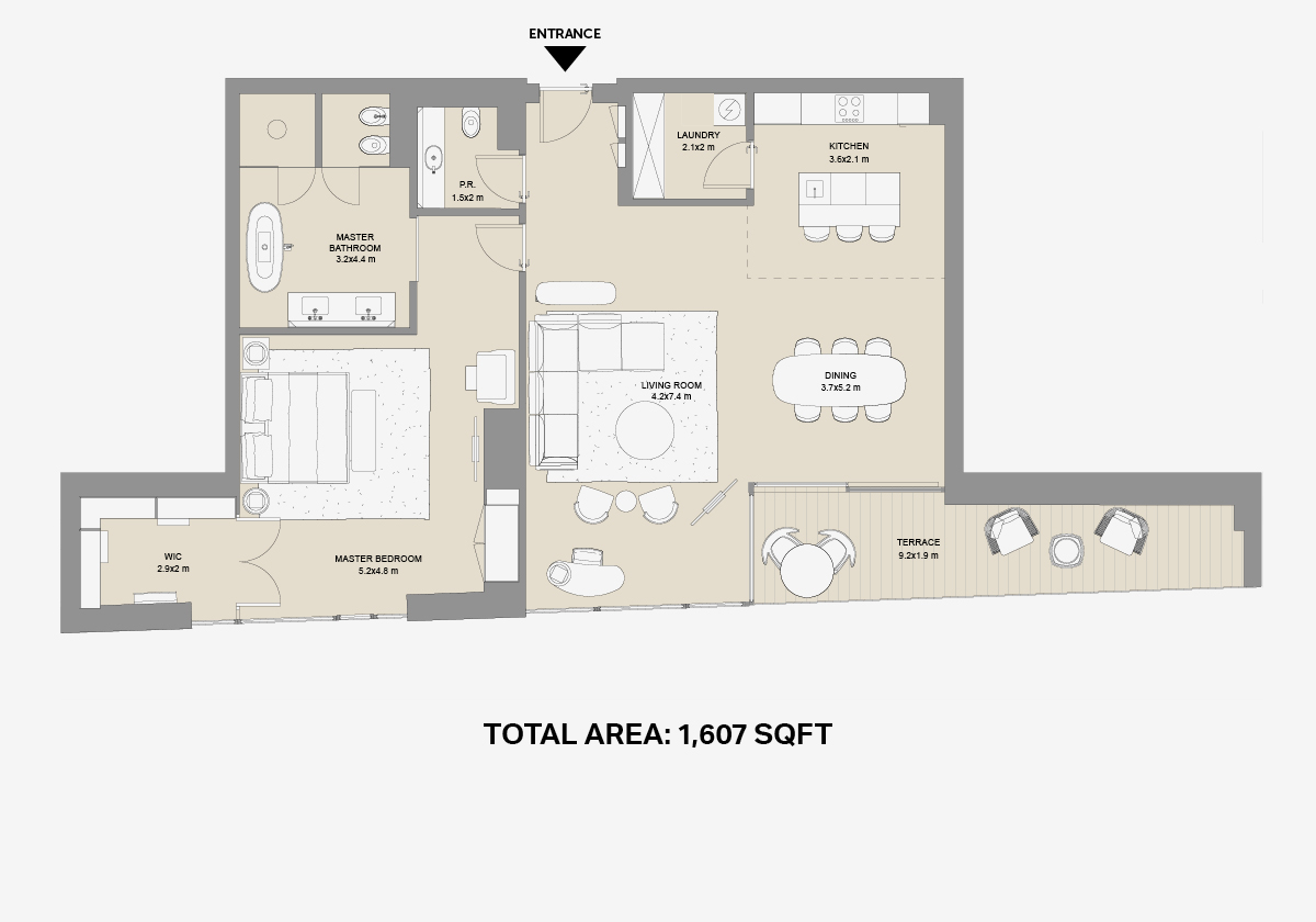 1BR Type A floor plan, 1,607 sqft, Bulgari Resort & Residences, Jumeirah Bay Island