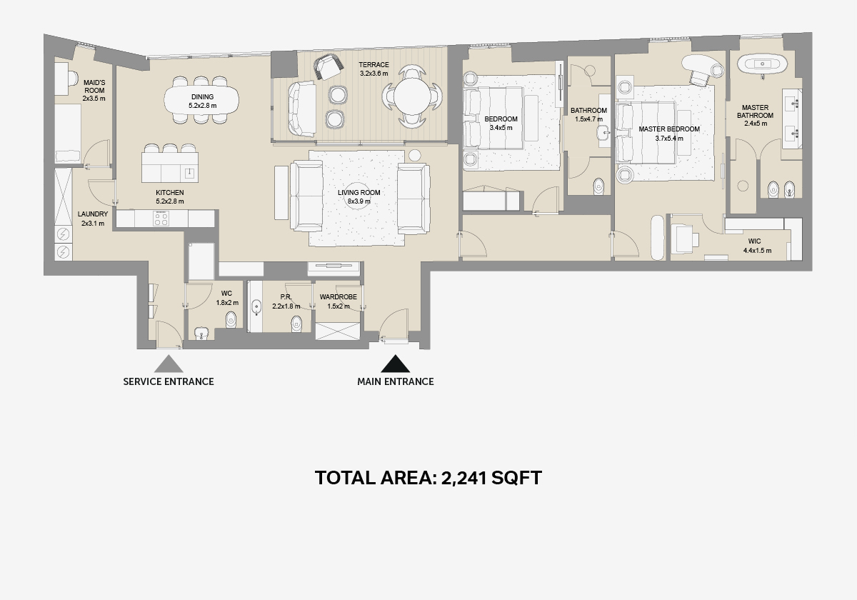 2BR Type A floor plan, 2,241 sqft, Bulgari Resort & Residences, Jumeirah Bay Island