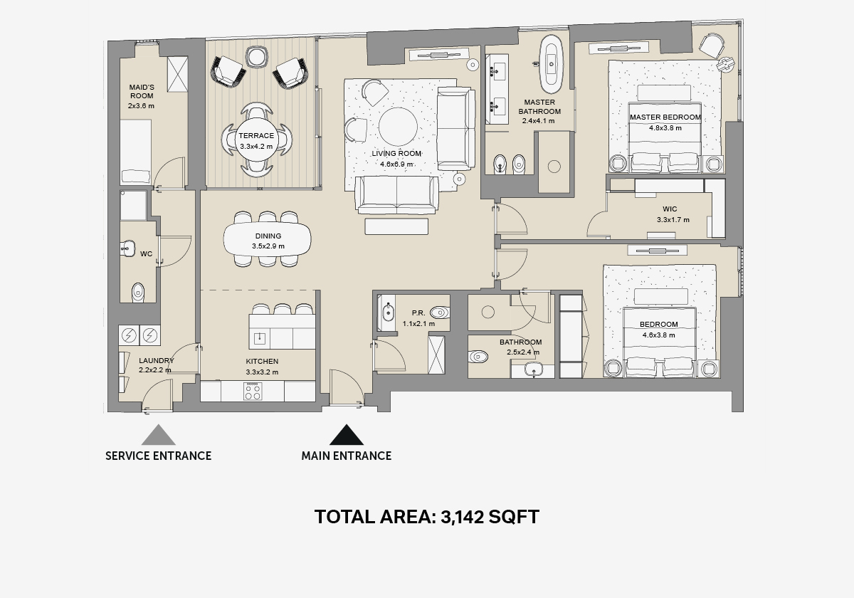 3BR Type A floor plan, 2,596 sqft, Bulgari Resort & Residences, Jumeirah Bay Island