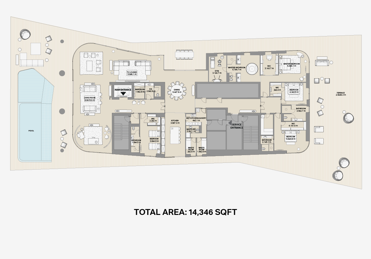 Penthouse A floor plan, 14,346 sqft, Bulgari Resort & Residences, Jumeirah Bay Island