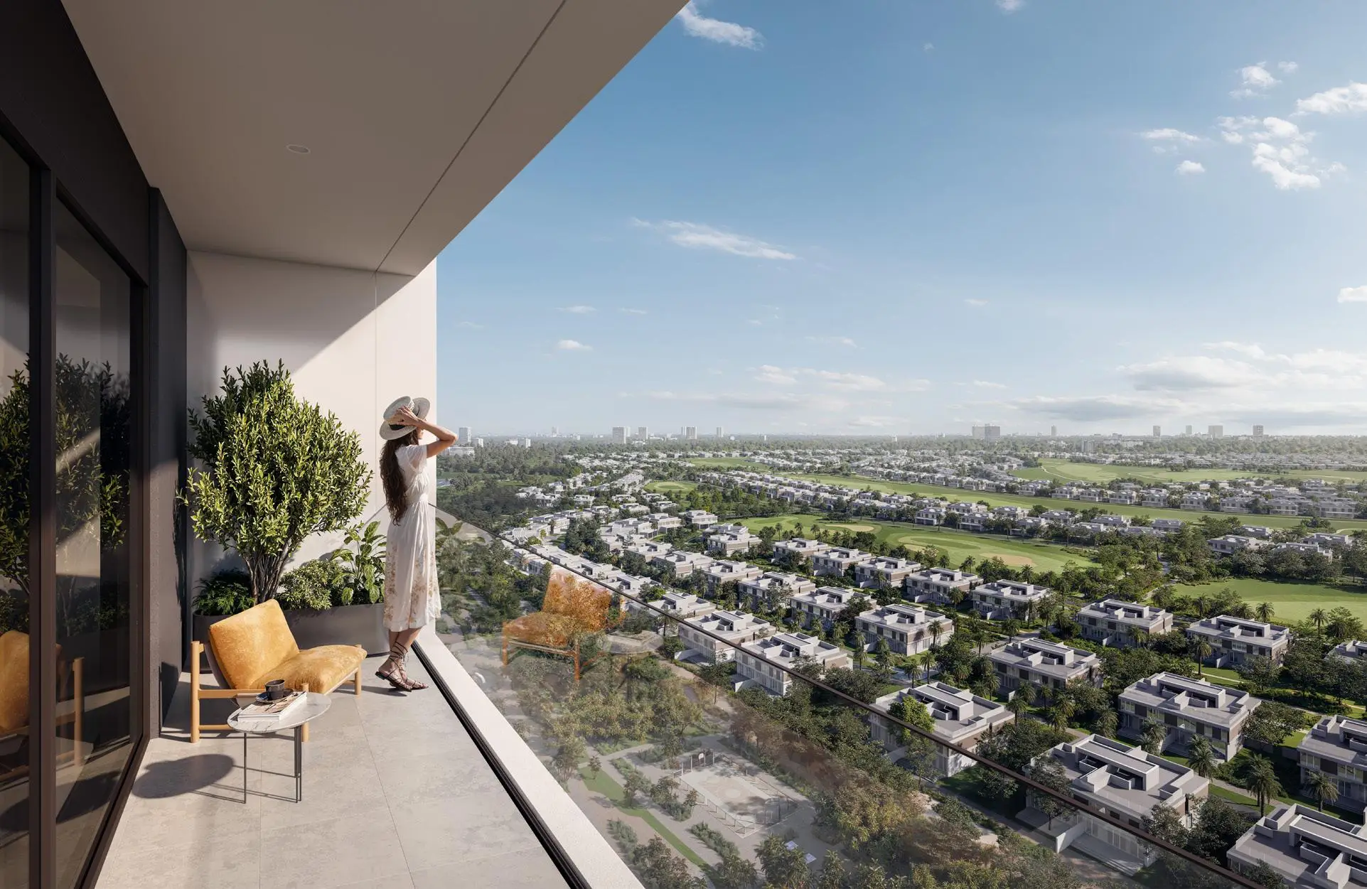 Rosehill apartment bedroom overlooking landscaped greenery