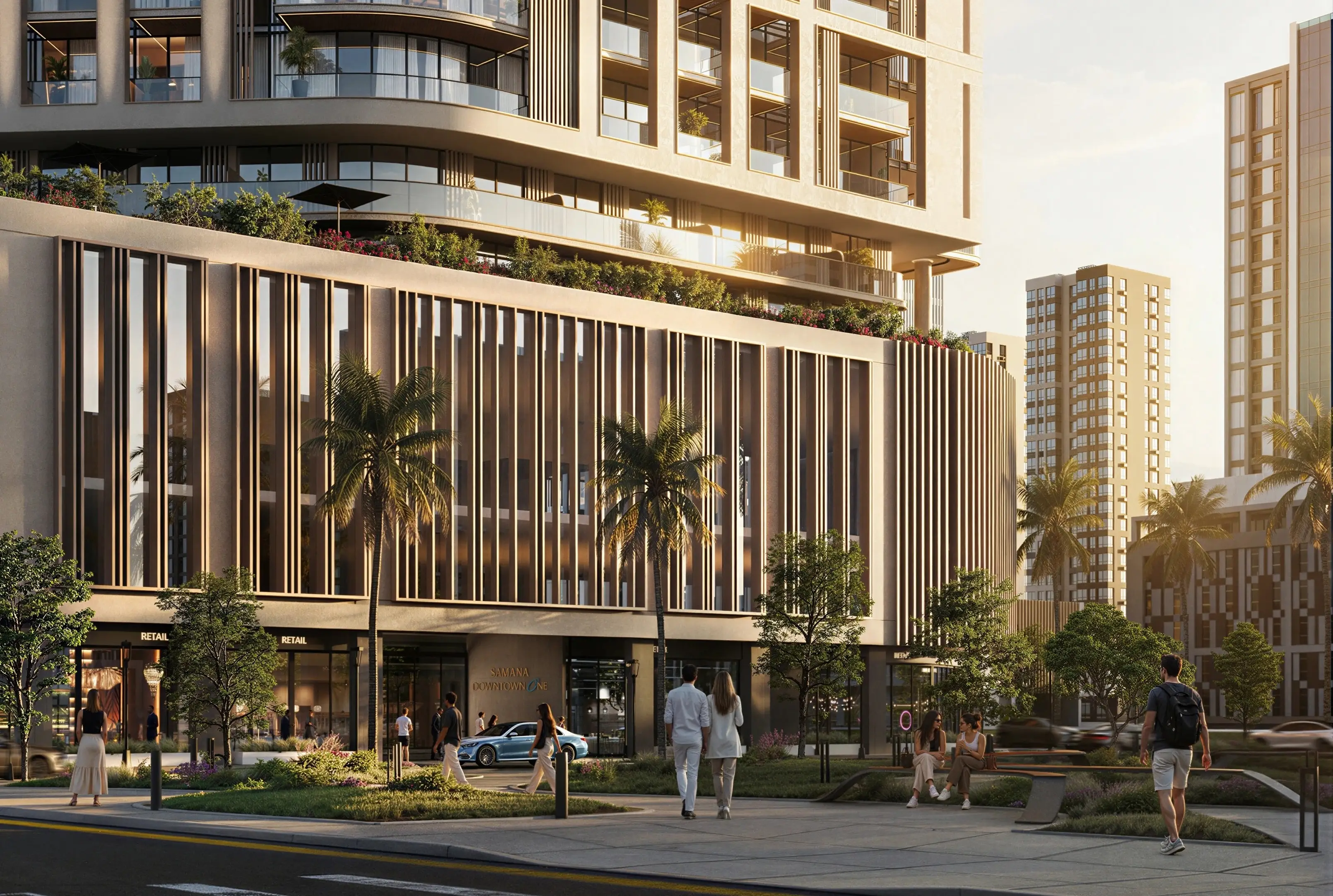 Landscaped arrival and retail frontage at Samana Downtown One