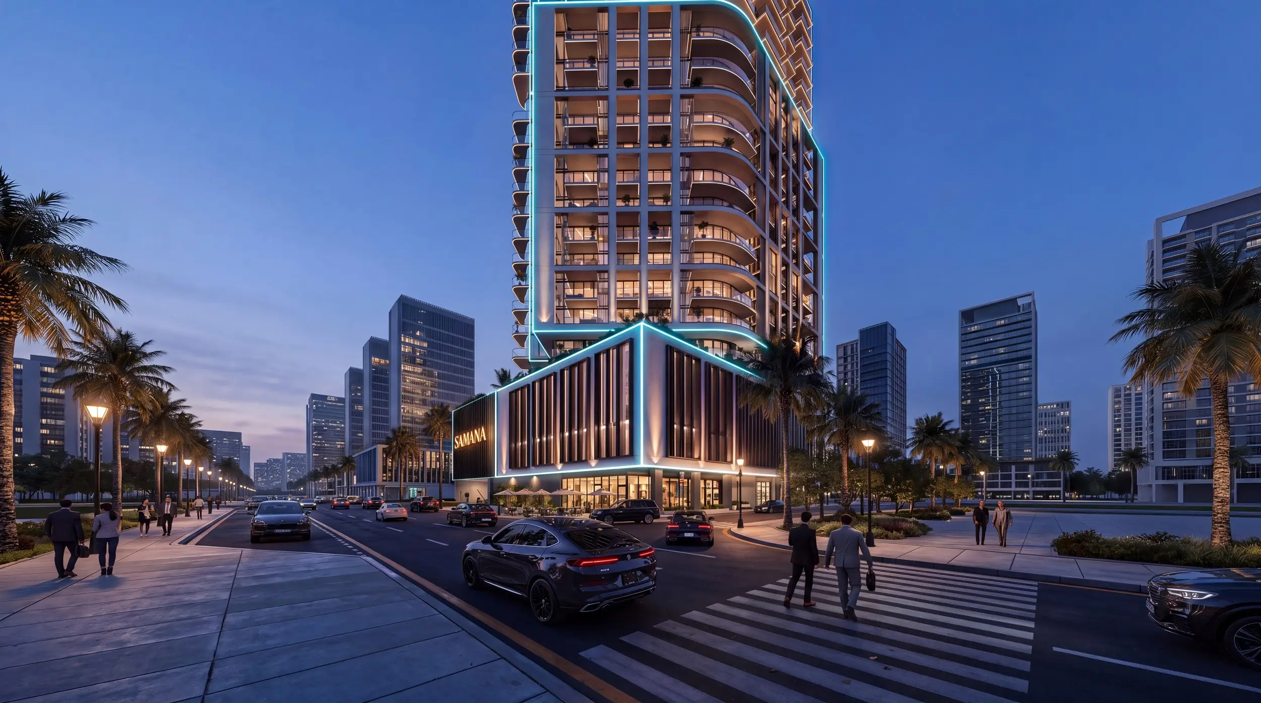 Samana Downtown One illuminated exterior at night