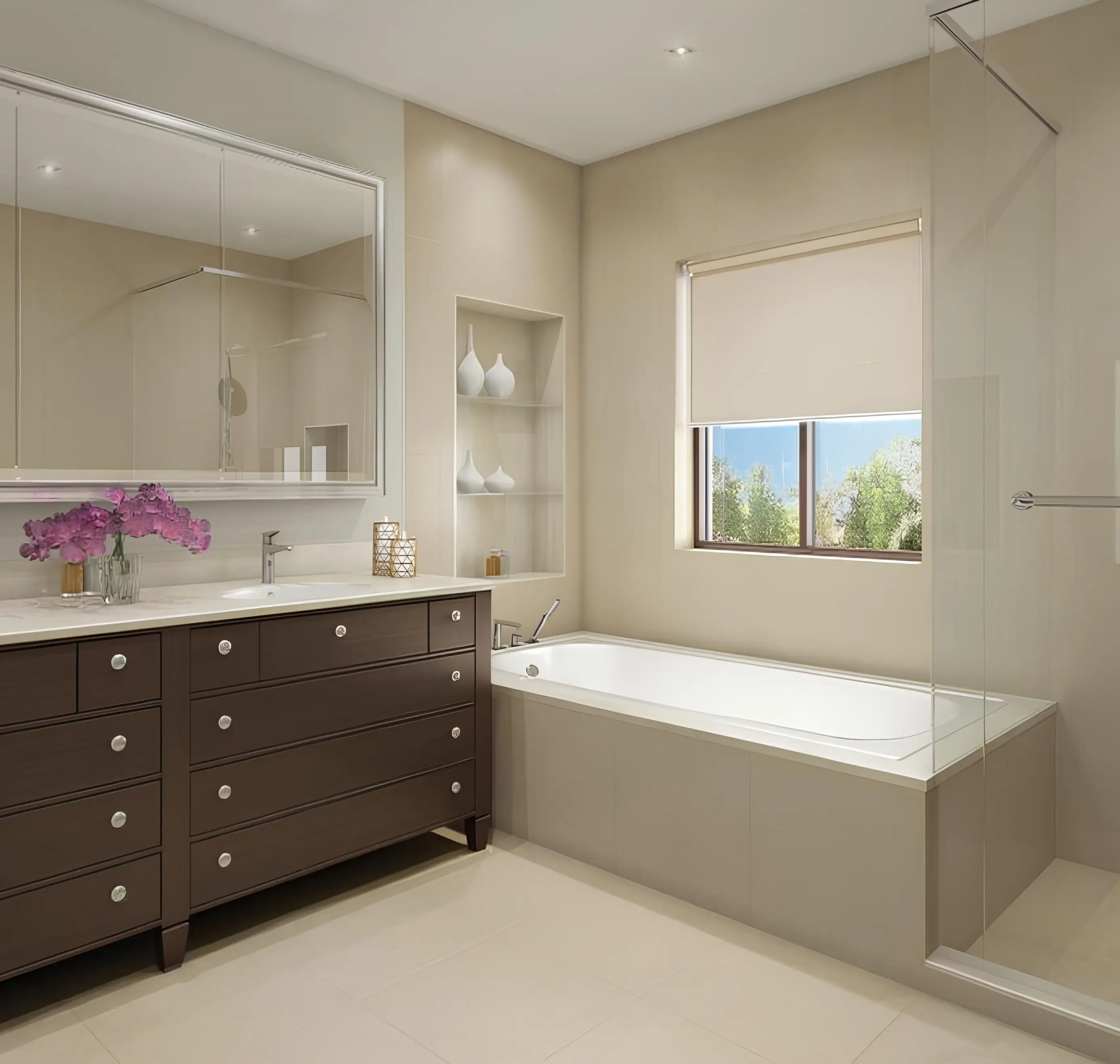Samara villa bathroom with refined neutral finishes