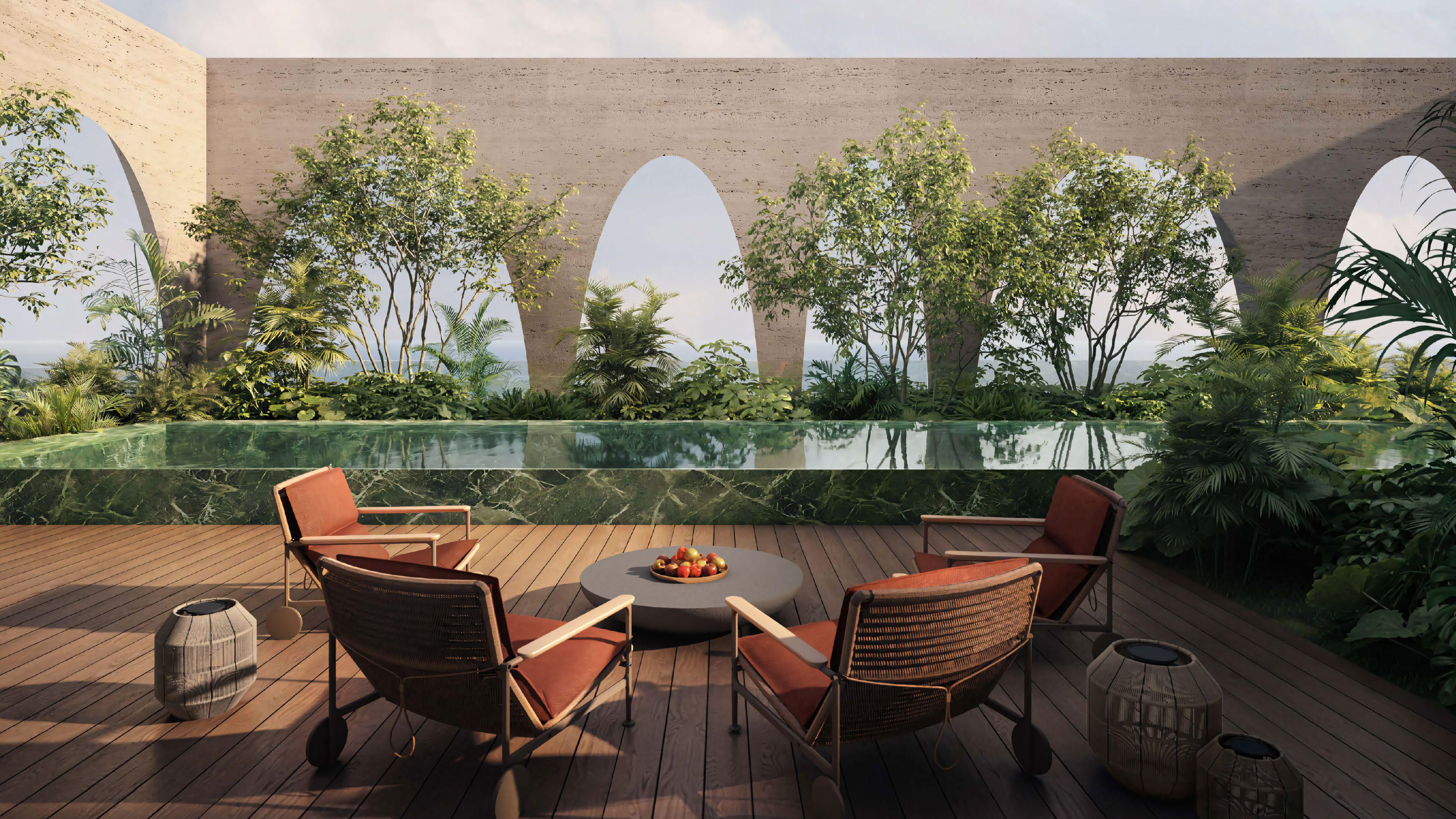 Travertine arched terrace and outdoor lounge at a Sea Mirror villa on Jumeirah Bay Island