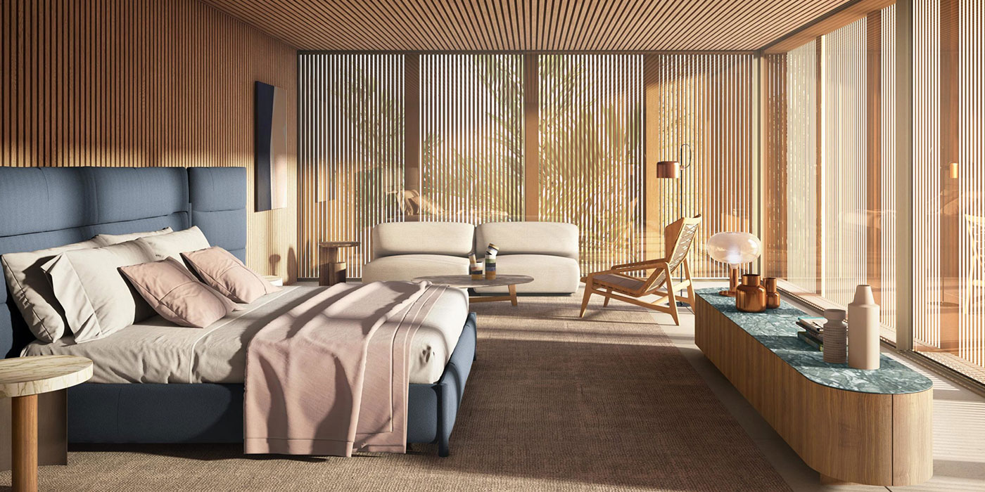 Bedroom with wood louvers and navy bedding in a Sea Mirror villa on Jumeirah Bay Island