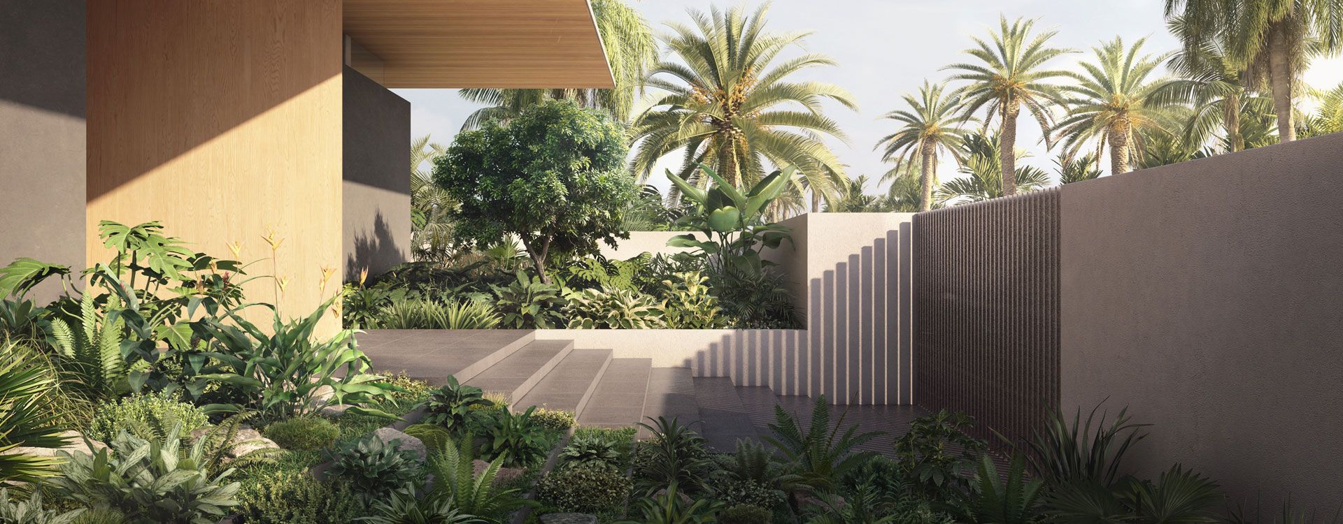 Landscaped entrance steps and garden screens at a Sea Mirror villa on Jumeirah Bay Island