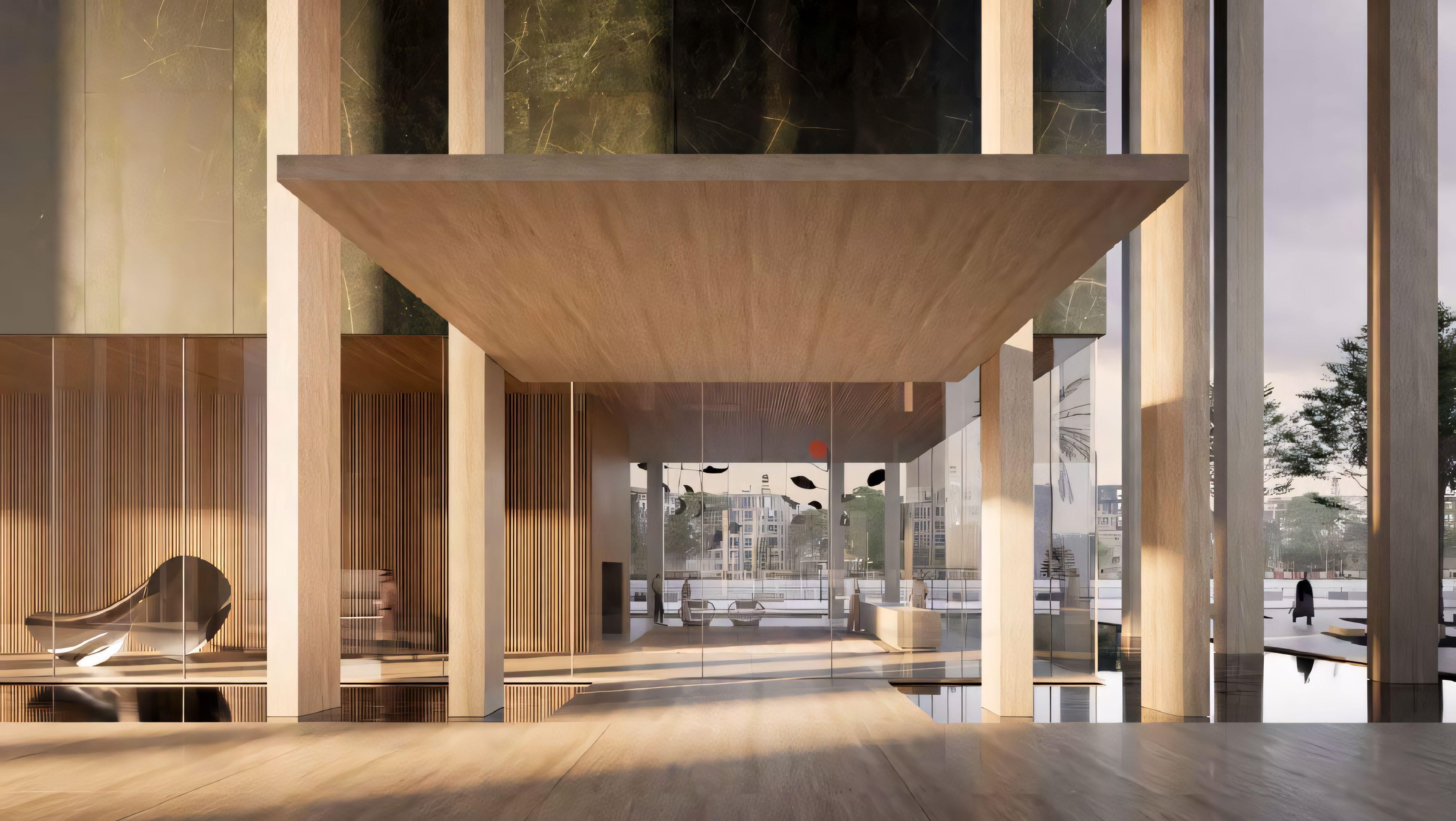 Sea Mirror villa entrance lobby with wood canopy and Dubai skyline beyond the water