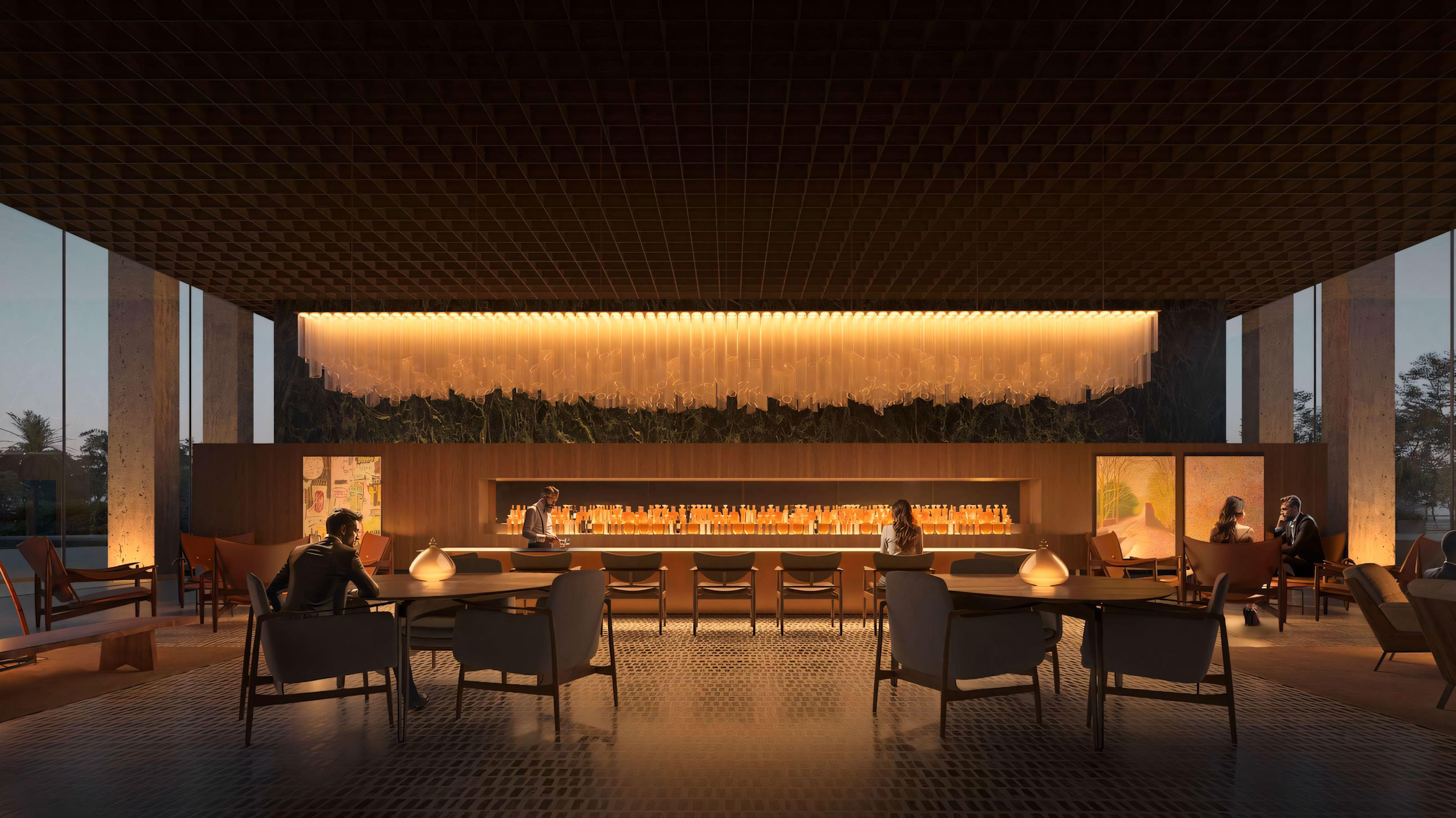 Evening lounge and bar interior at Sea Mirror on Jumeirah Bay Island