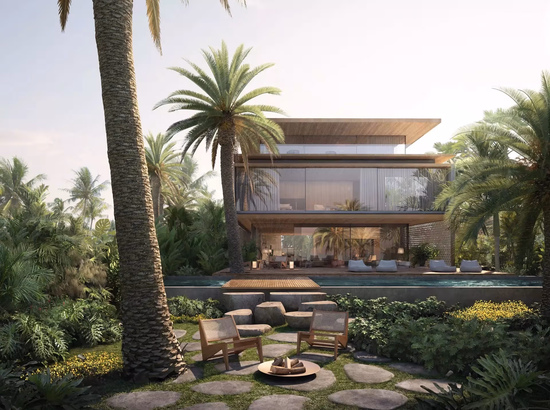Garden fire pit and pool deck at a Sea Mirror villa on Jumeirah Bay Island