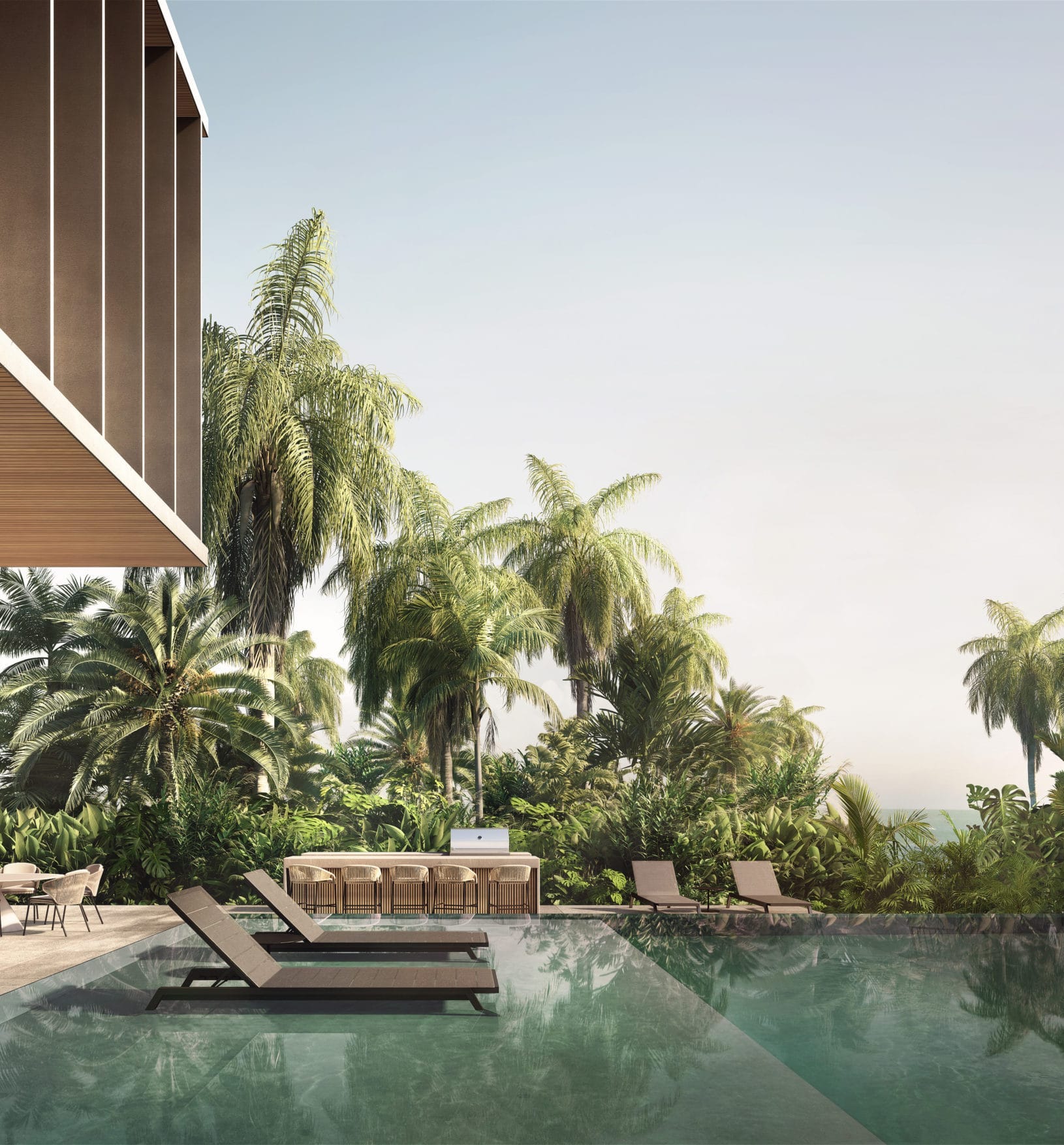 Calm infinity pool framed by palms at a Sea Mirror villa on Jumeirah Bay Island