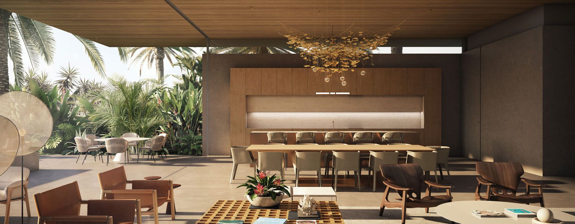 Open-plan dining and kitchen interior in a Sea Mirror villa on Jumeirah Bay Island