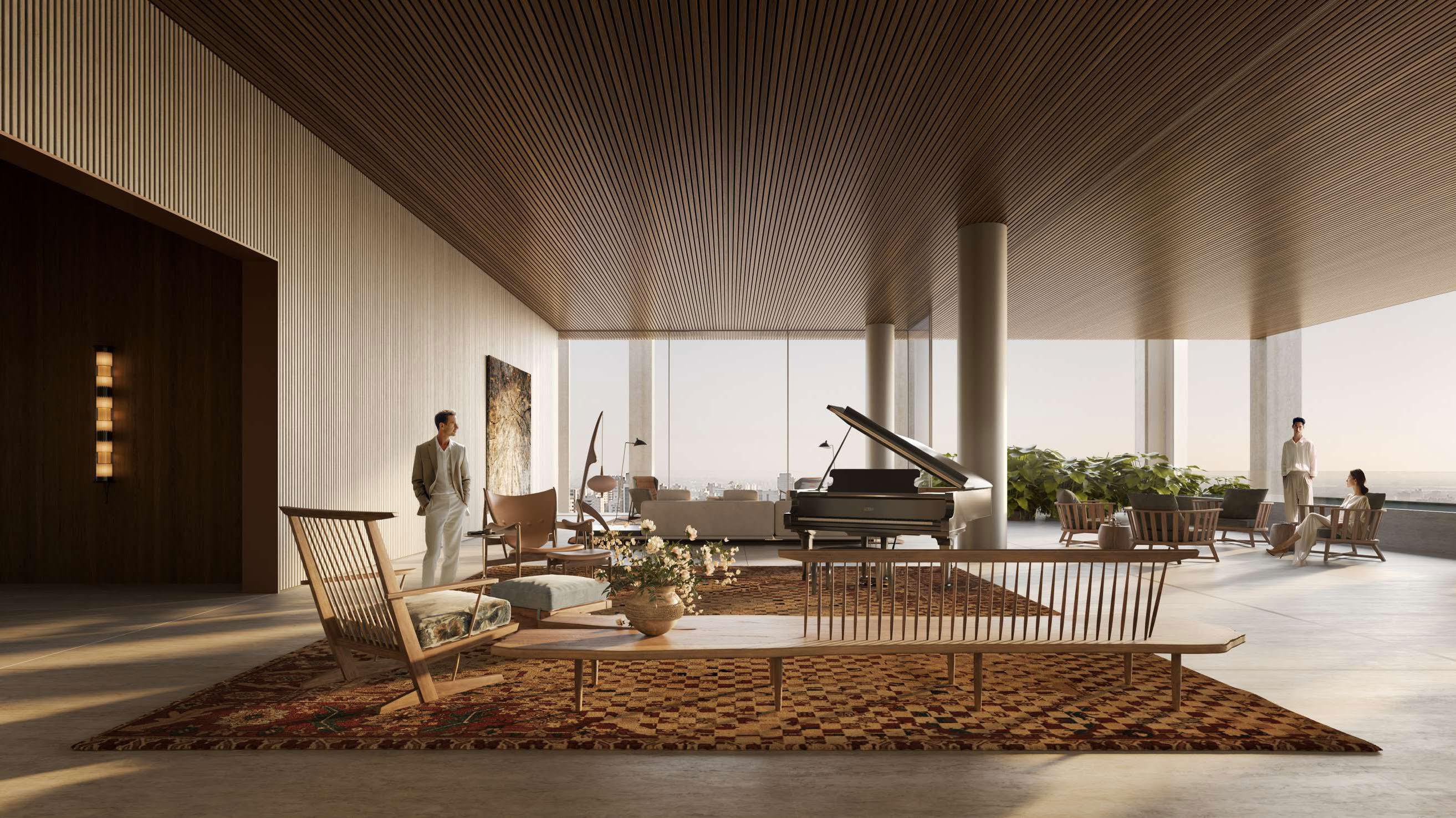 Sea Mirror villa living room with grand piano and skyline view on Jumeirah Bay Island