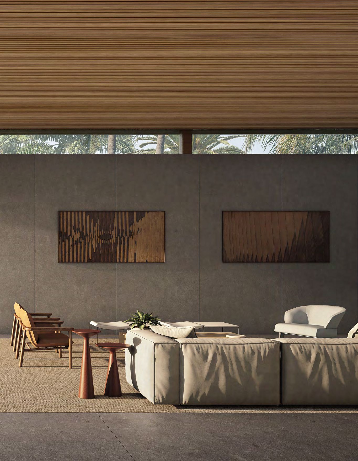 Living room with sectional sofa and wood-slat ceiling in a Sea Mirror villa on Jumeirah Bay Island
