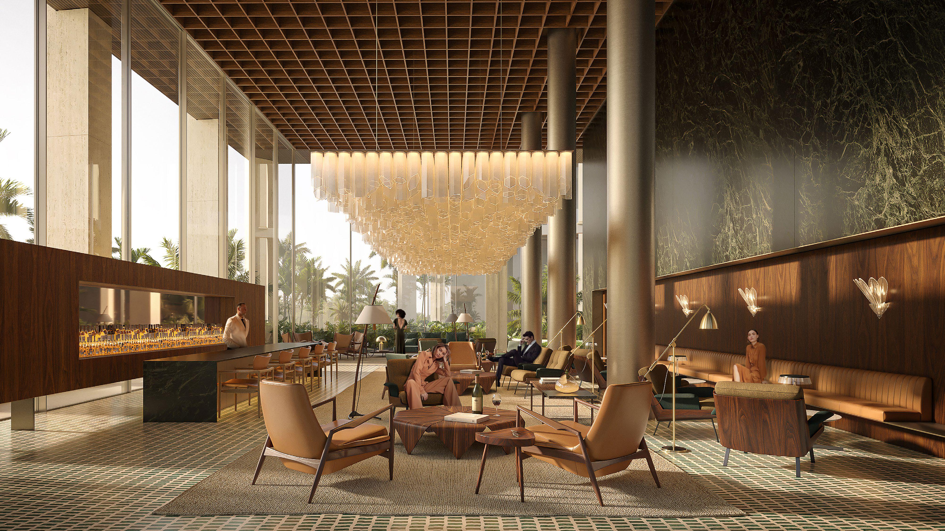 Mahogany and marble lounge interior at Sea Mirror on Jumeirah Bay Island
