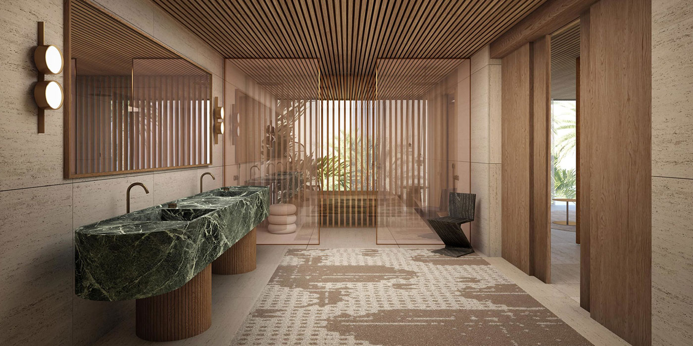 Marble vanity bathroom interior in a Sea Mirror villa on Jumeirah Bay Island