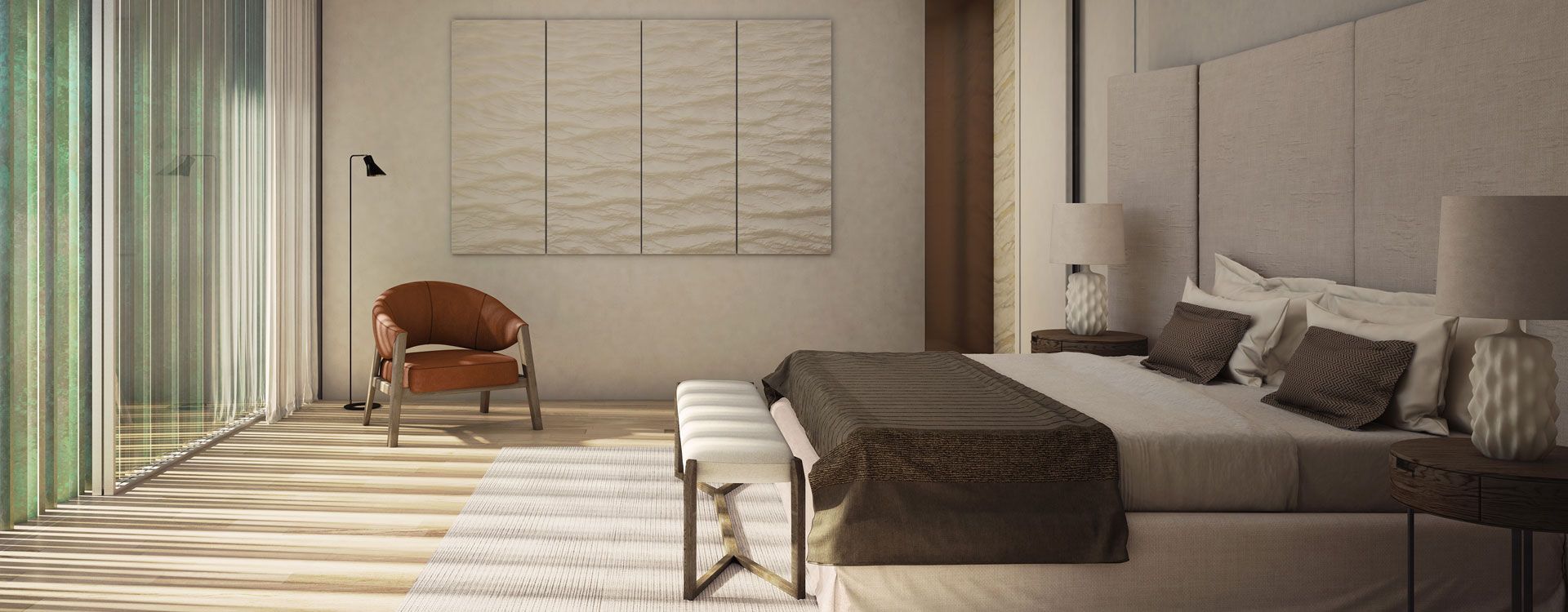 Master bedroom interior in a Sea Mirror villa on Jumeirah Bay Island