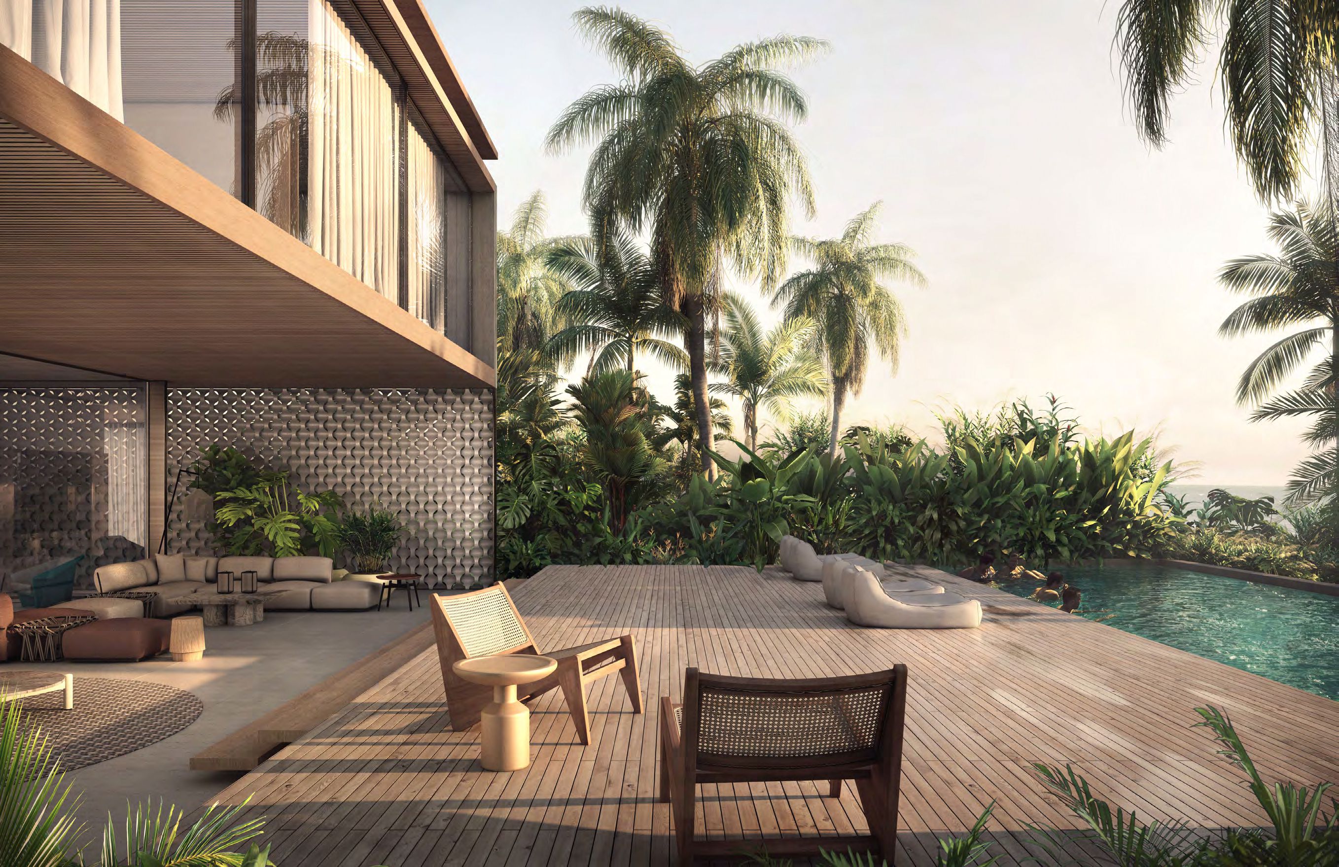 Waterfront deck and infinity pool at a Sea Mirror villa on Jumeirah Bay Island