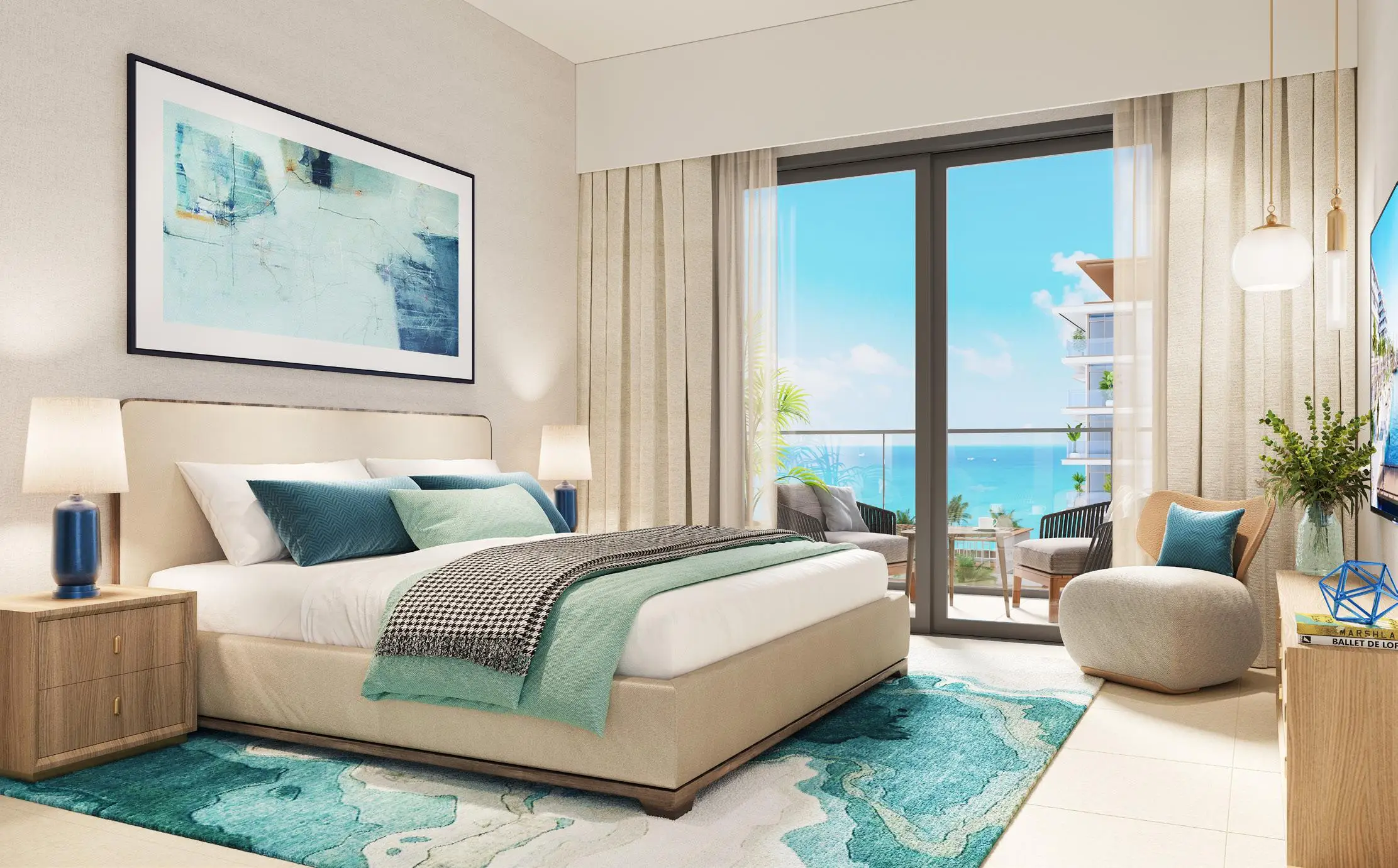 Seascape bedroom with warm contemporary finishes