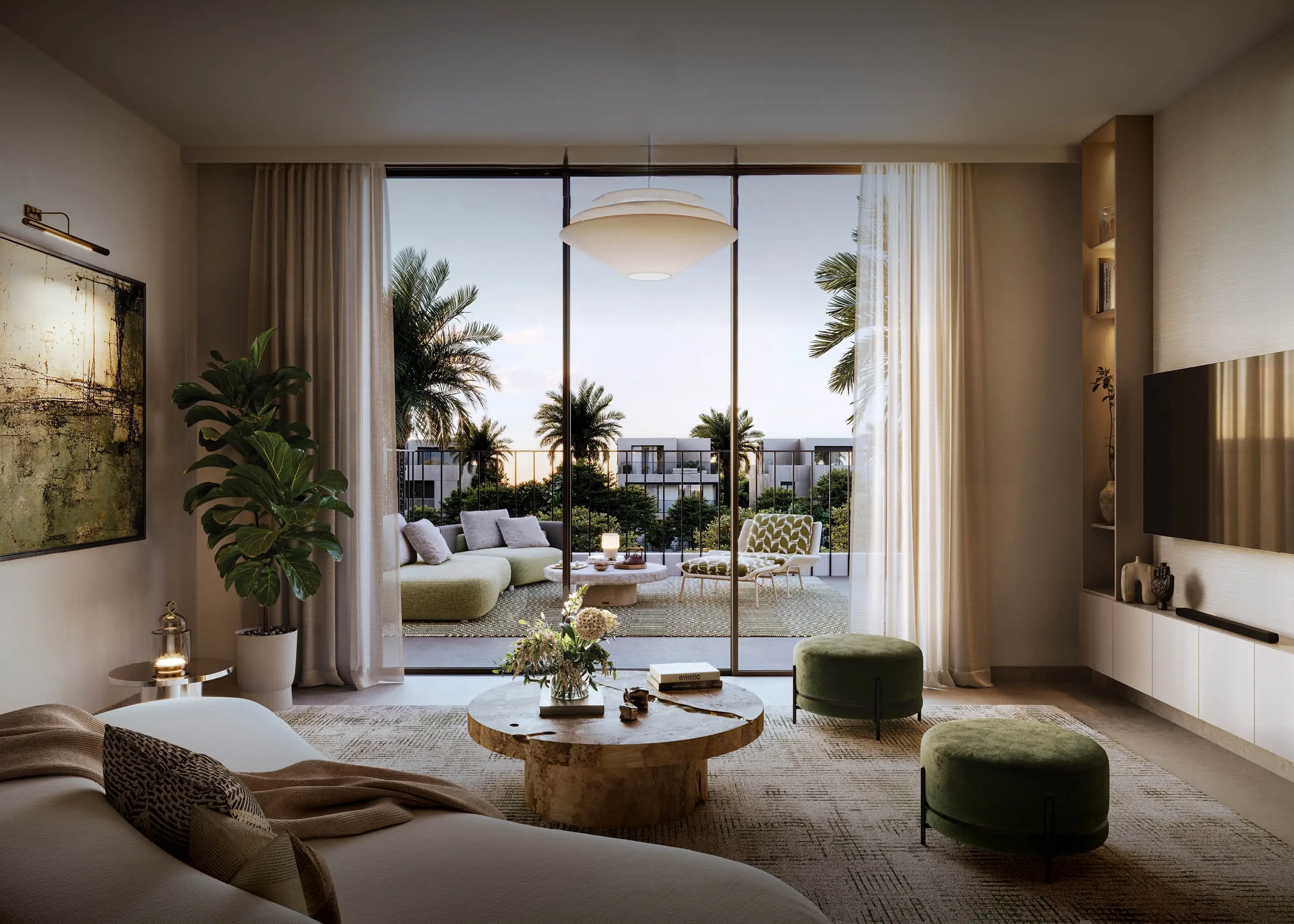 Serro villa living room opening onto a landscaped terrace