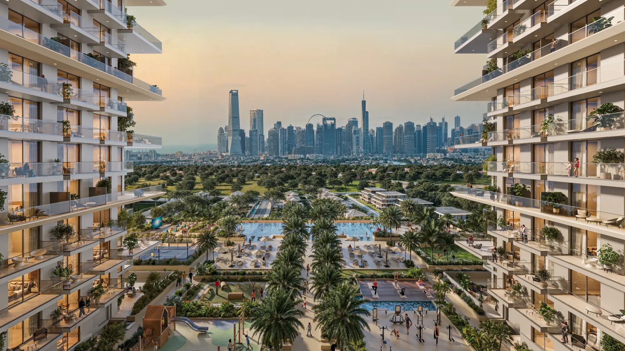 SOL Levante architecture in Jumeirah Village Triangle with Dubai Marina skyline views