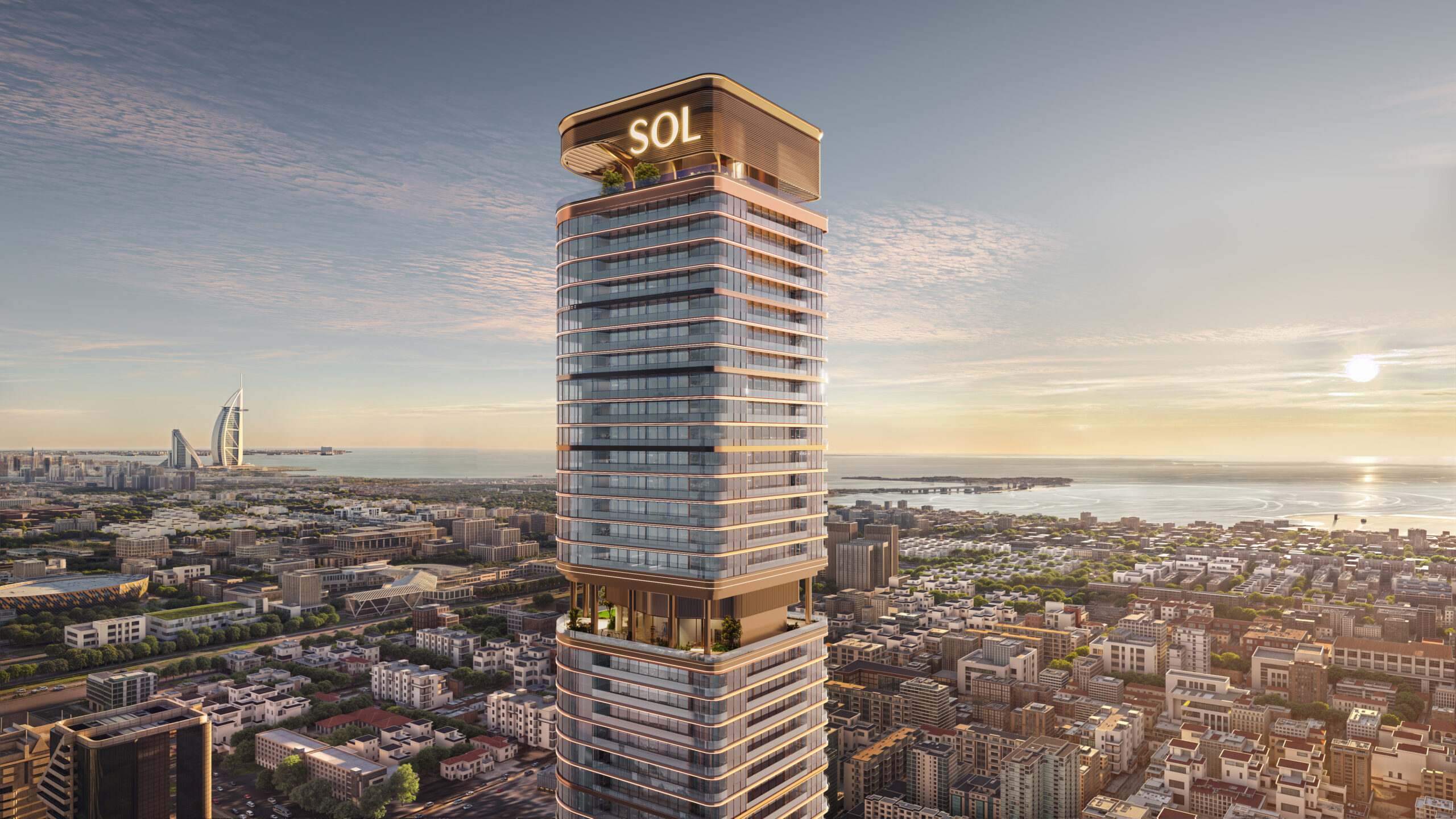 SOL Luxe residential amenity visual with Burj Al Arab skyline, Dubai