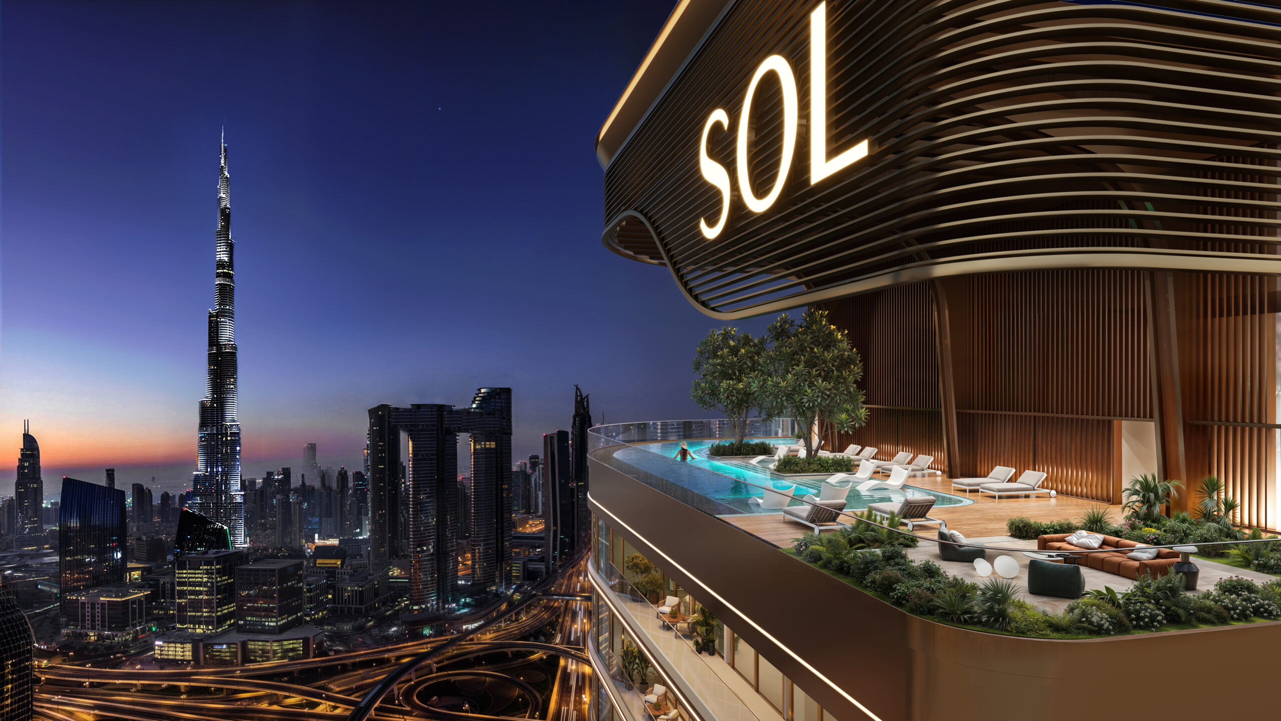 SOL Luxe tower on Sheikh Zayed Road with Burj Khalifa views, Dubai