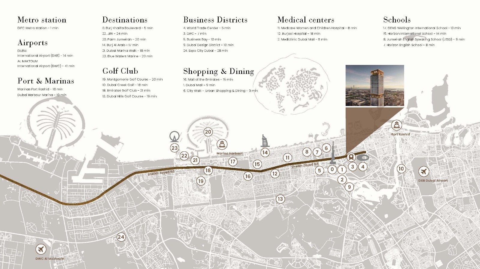 SOL Luxe location on Sheikh Zayed Road near DIFC and Downtown Dubai