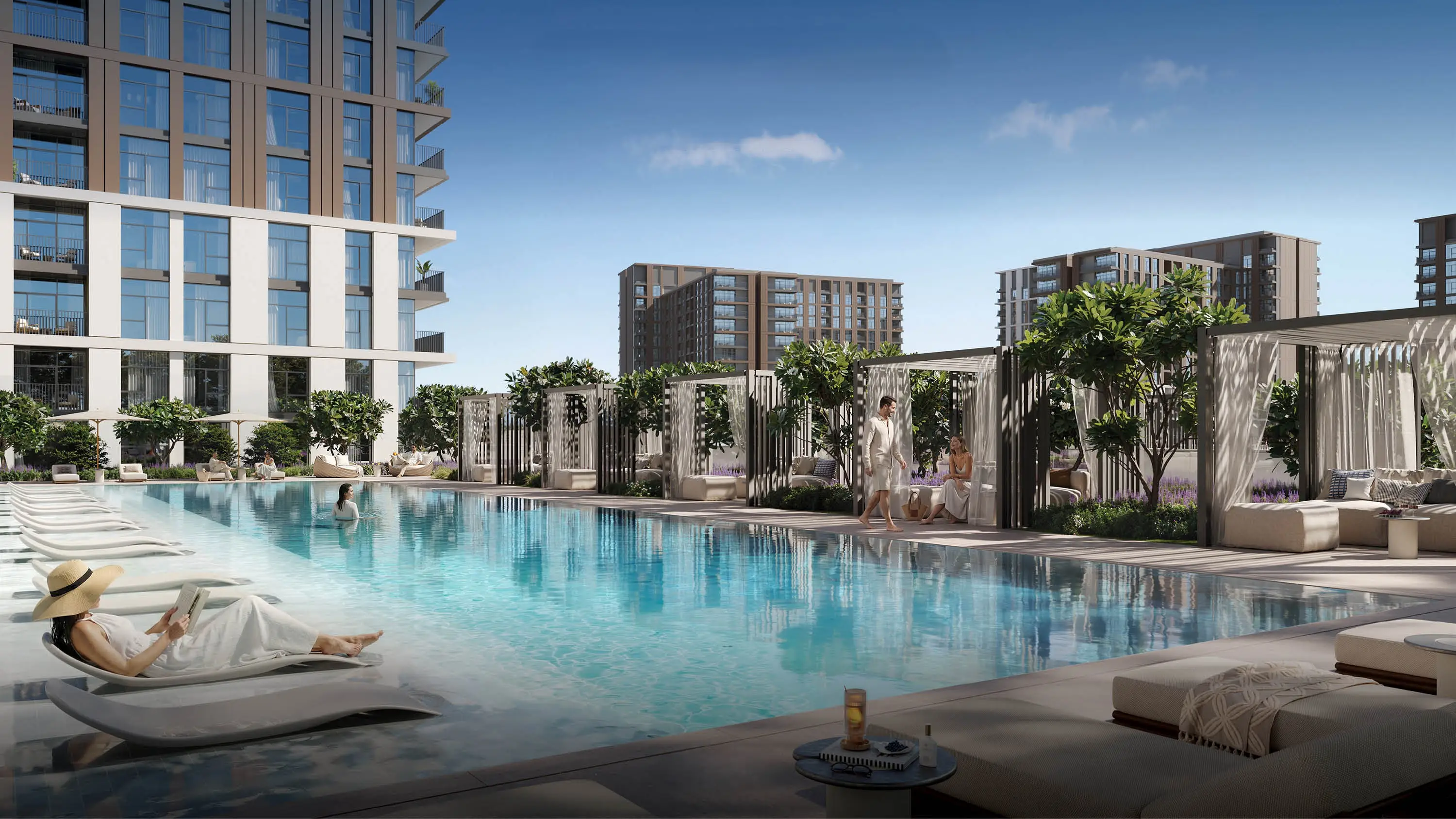 Adults pool and shaded cabanas at Terra Woods Expo City